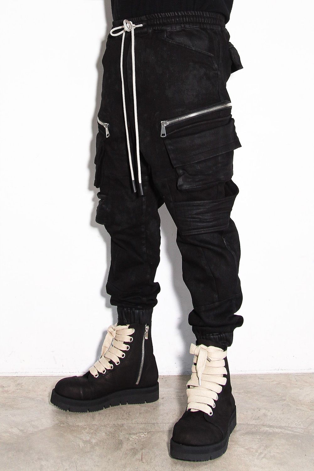 【コーティングあり】ベルトカーゴジョガーデニム / COATED BELT CARGO JOGGER DENIM / ブラック / ag-12064-2
