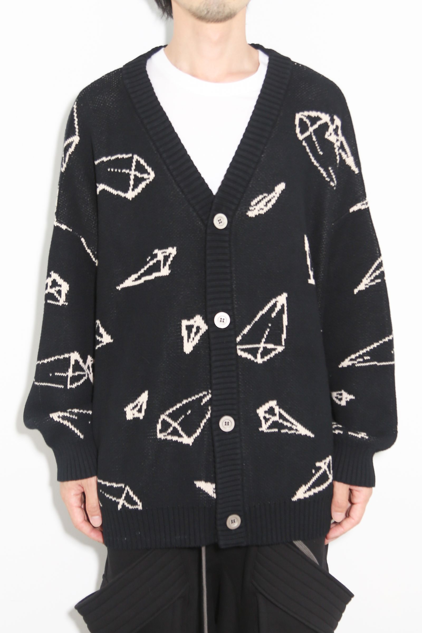 ピラミッド模様オーバーサイズカーディガン / Pyra Pattern Knit Cardigan / ブラック×アイボリー / ag-8010-2