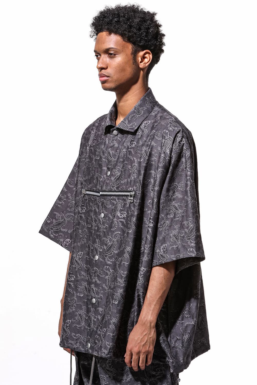 ペイズリー柄ハーフスリーブシャツ / Paisley Front Zip Harf Sleeve Shirts / ブラック / ag-9060-1