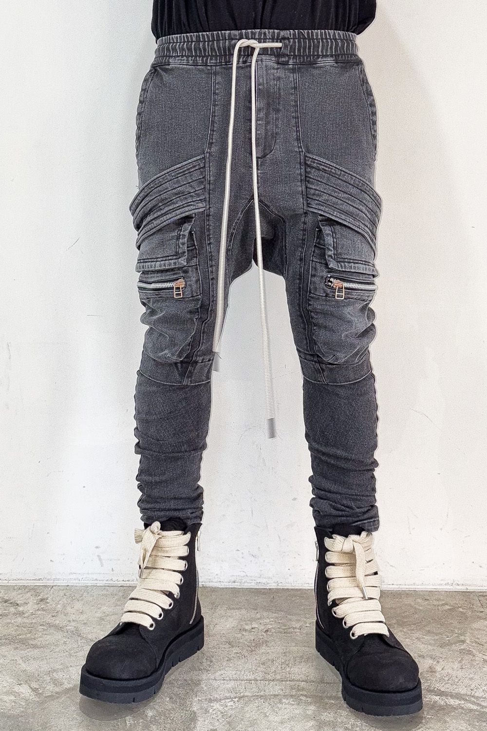 サルエルカーゴスキニーデニム / Indigo Denim Cargo Sarouel Skinny / ダメージブラック / ag-6036-2