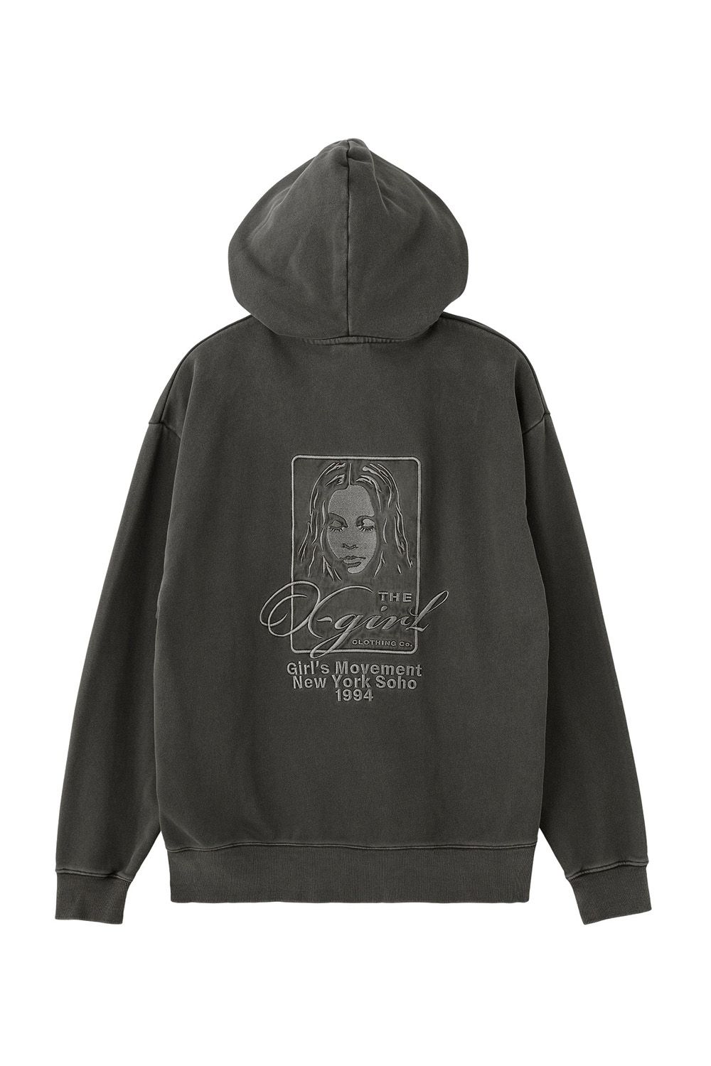 PIGMENT DYED FACE AND LOGO SQUARE PATCH ZIP UP SWEAT HOODIE / ブラック