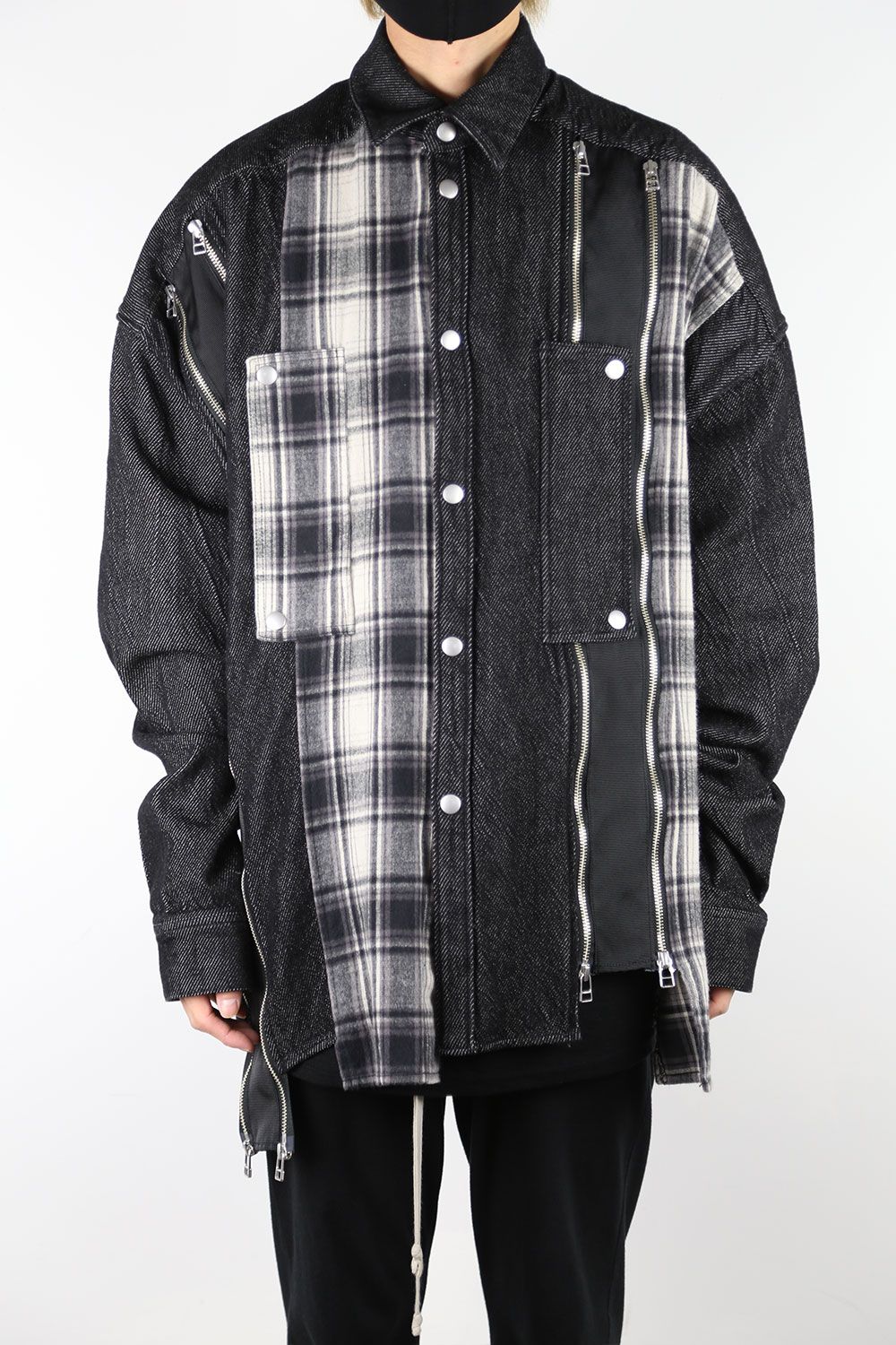 フロントジップアシンメトリーチェックコンビコクーンシャツ / FRONT ZIP ASYMMETRY CHECK COMBI COCOON  SHIRTS / ブラックチェック