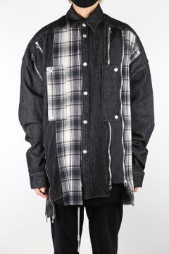 フロントジップアシンメトリーチェックコンビコクーンシャツ / FRONT ZIP ASYMMETRY CHECK COMBI COCOON  SHIRTS / ブラックチェック