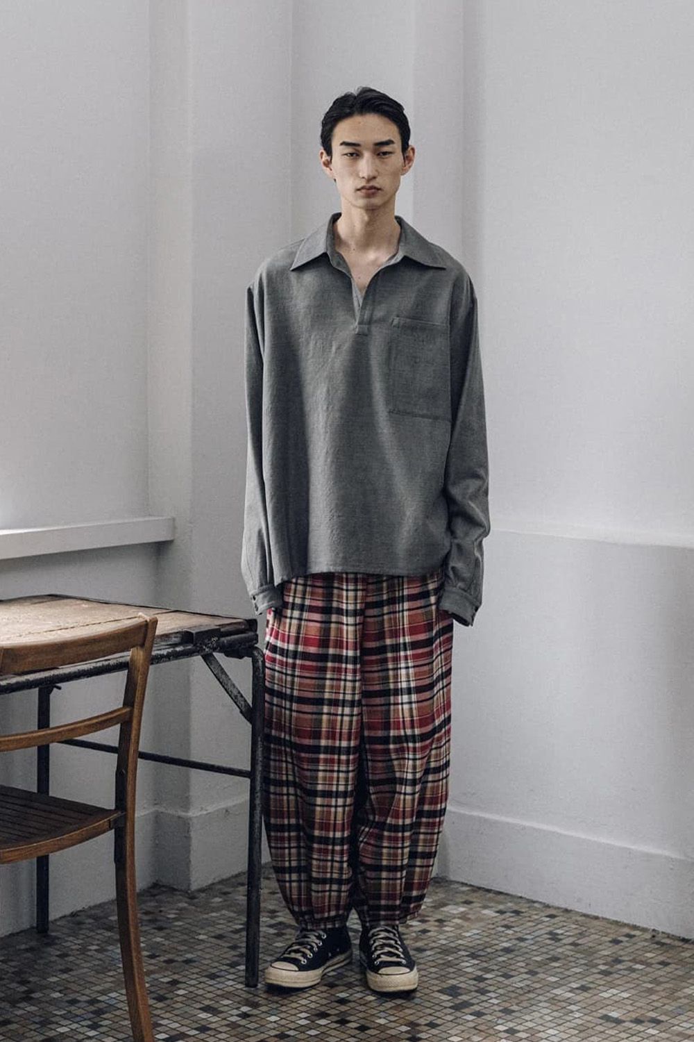 Red Check Tucked Hem Wide Easy Pants