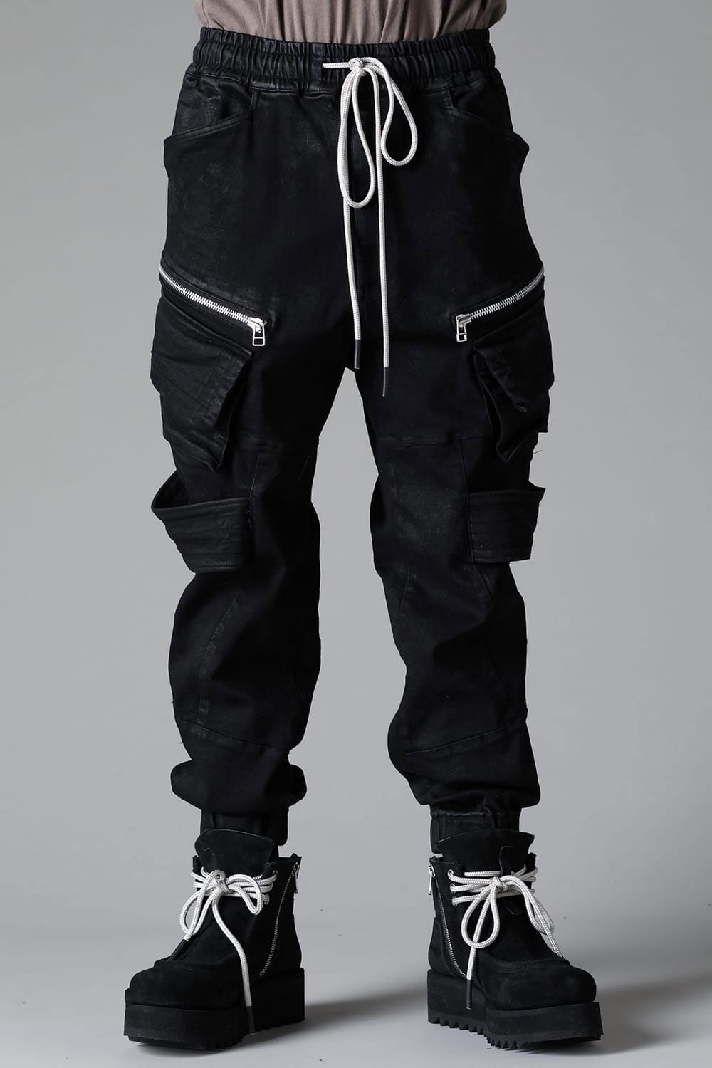 【コーティングあり】ベルトカーゴジョガーデニム / COATED BELT CARGO JOGGER DENIM / ブラック / ag-12064-2