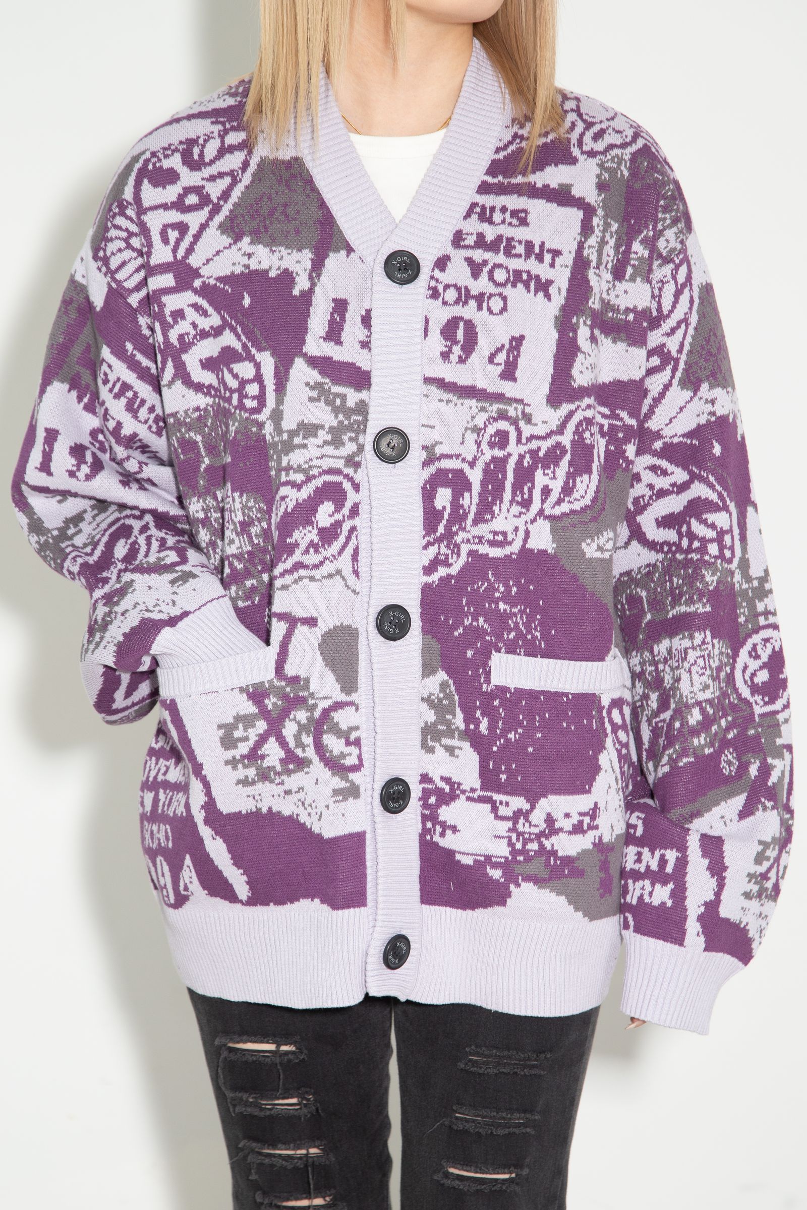 COLLAGE GRAPHIC JACQUARD KNIT CARDIGAN / パープル