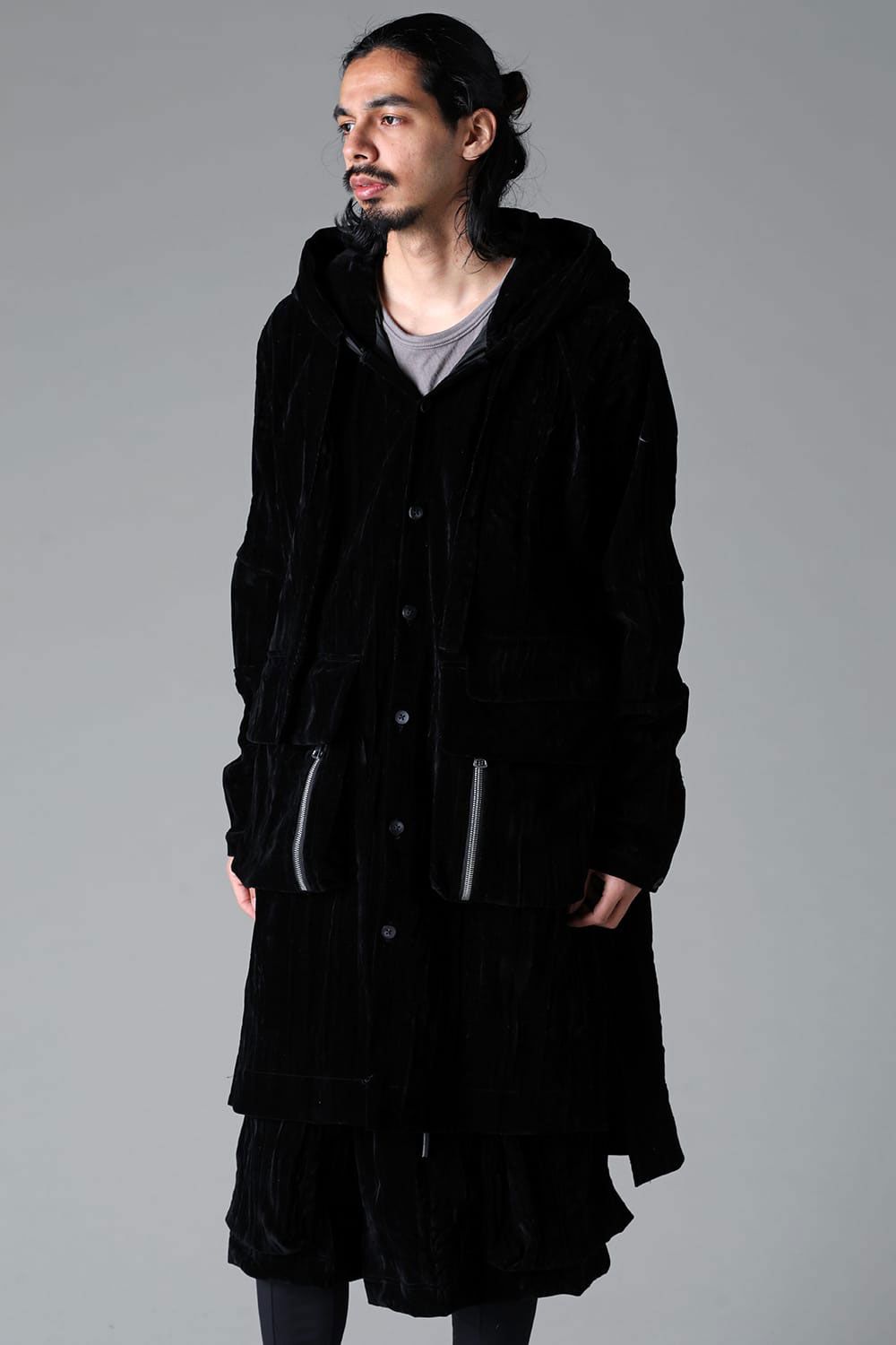 [ラスト1点 サイズ3] ベロアフーディーロングジャケット / HOODED LONG JKT / ブラック / ag-12037