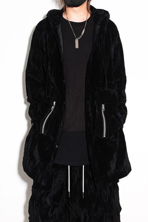[ラスト1点 サイズ3] ベロアフーディーロングジャケット / HOODED LONG JKT / ブラック / ag-12037