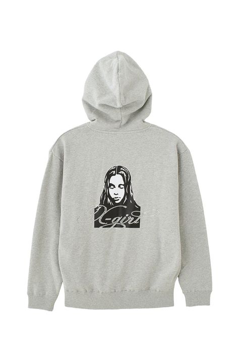 RHINESTONE LOGO AND FACE ZIP UP SWEAT HOODIE / アッシュ