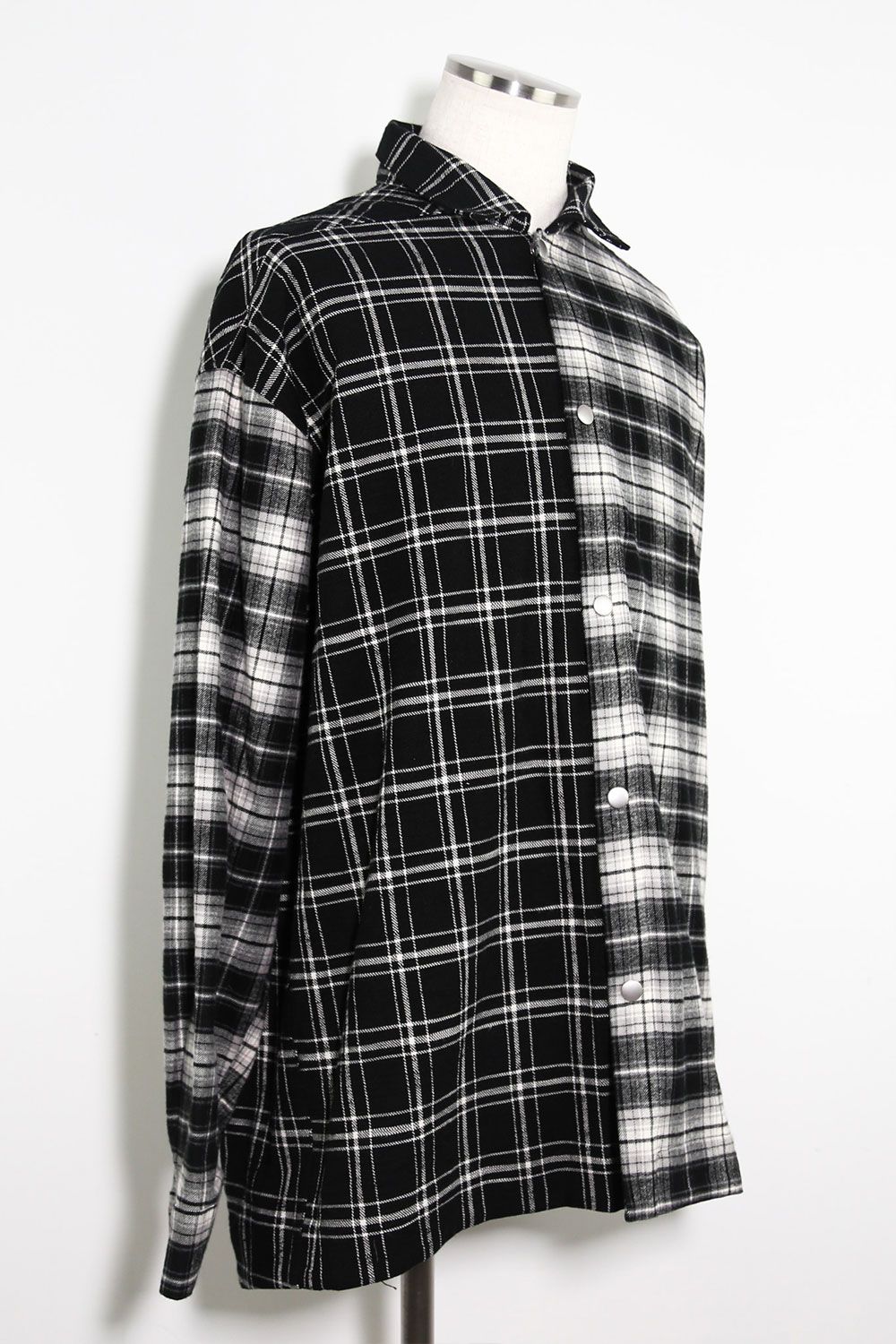 アシンメトリーチェックコンビシャツ / Check Pattern Combi Shirts / ブラック / ag-8074