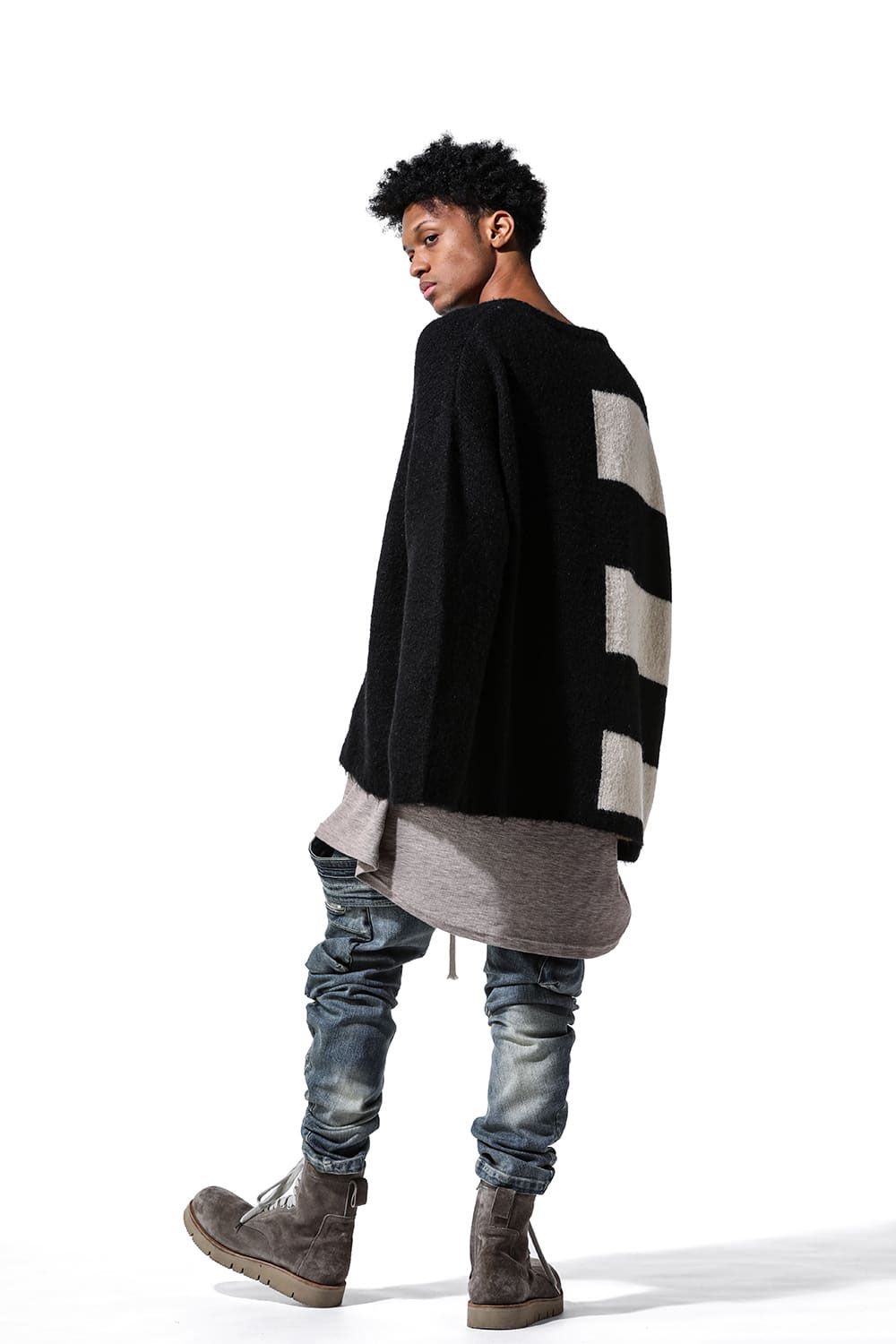 ストライプコンビリラックスフィットニット / Striped Combi Knit Top / ブラック×アイボリー / ag-8004
