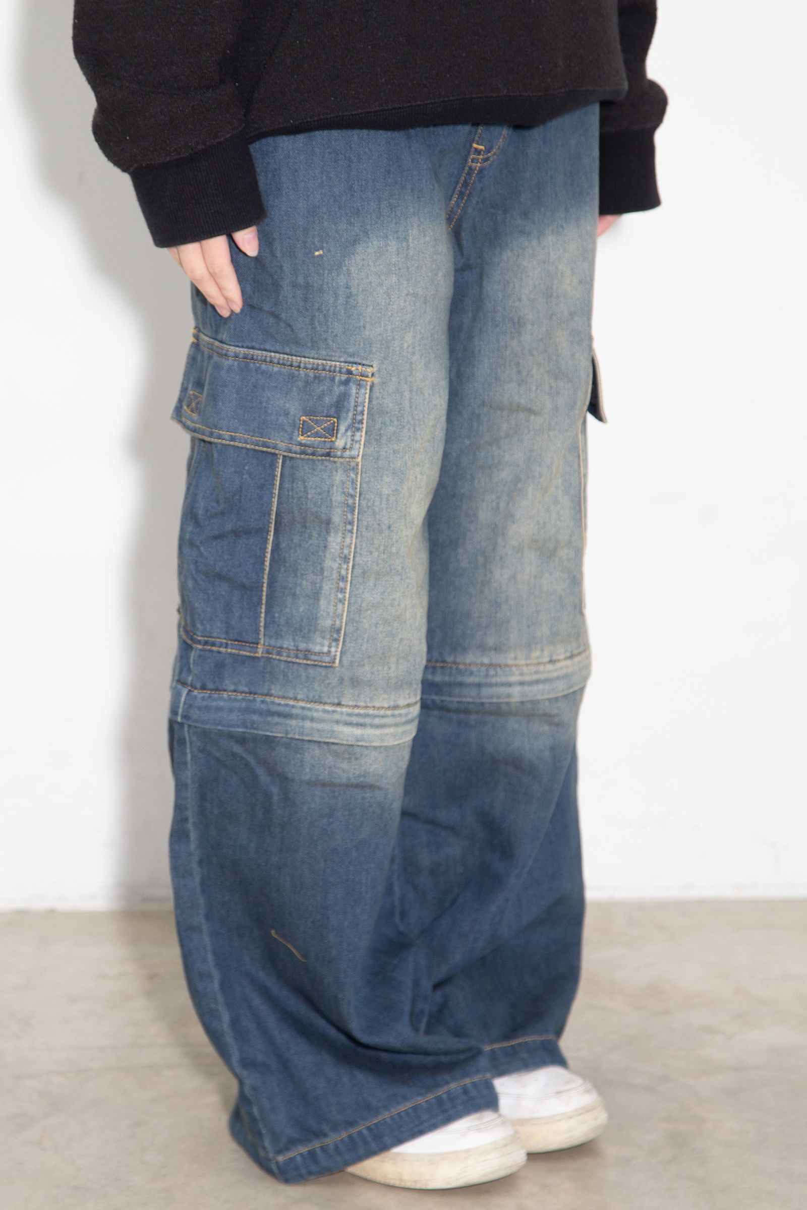 FADED 2WAY WIDE LEG DENIM CARGO PANTS / インディゴ