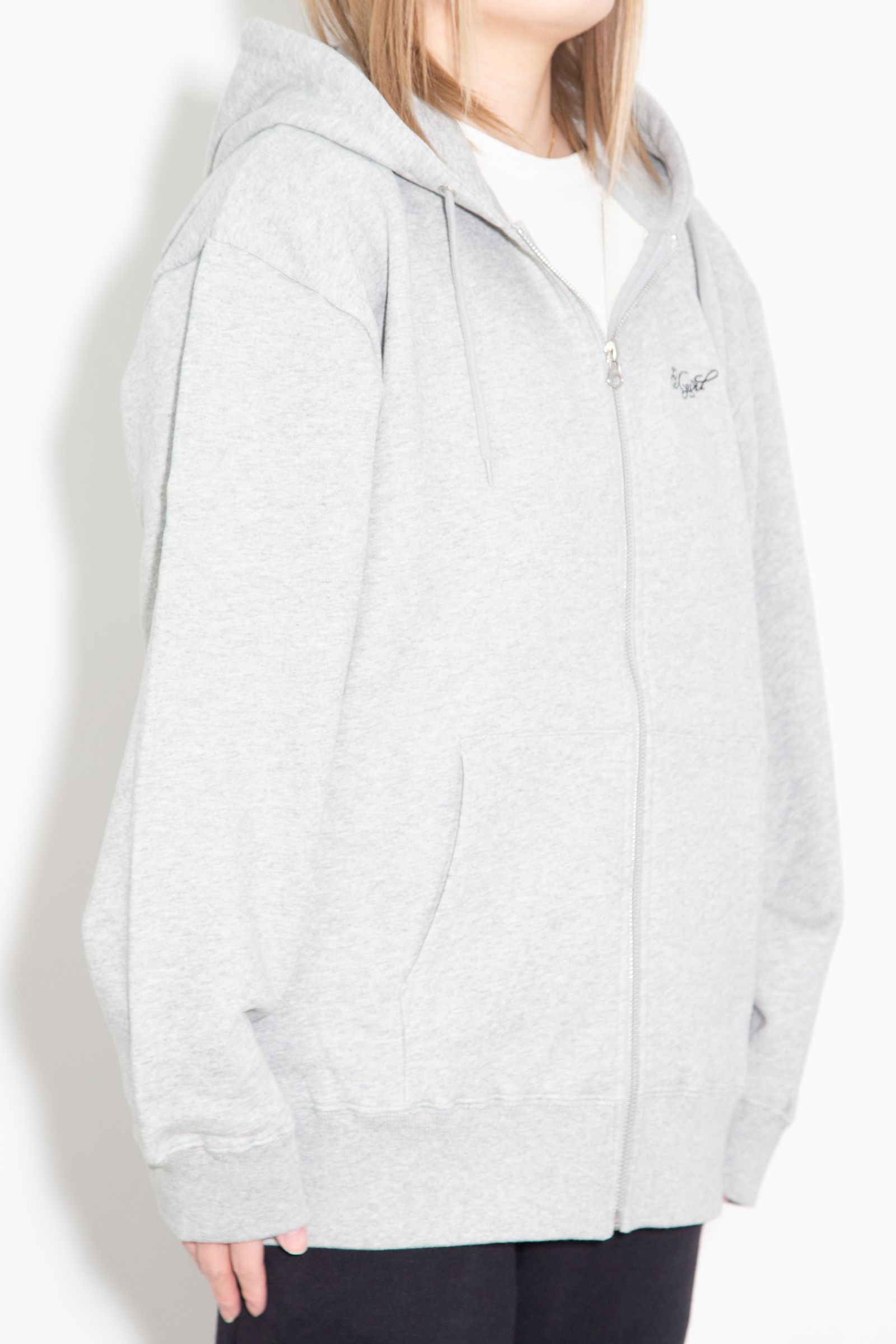 RHINESTONE LOGO AND FACE ZIP UP SWEAT HOODIE / アッシュ