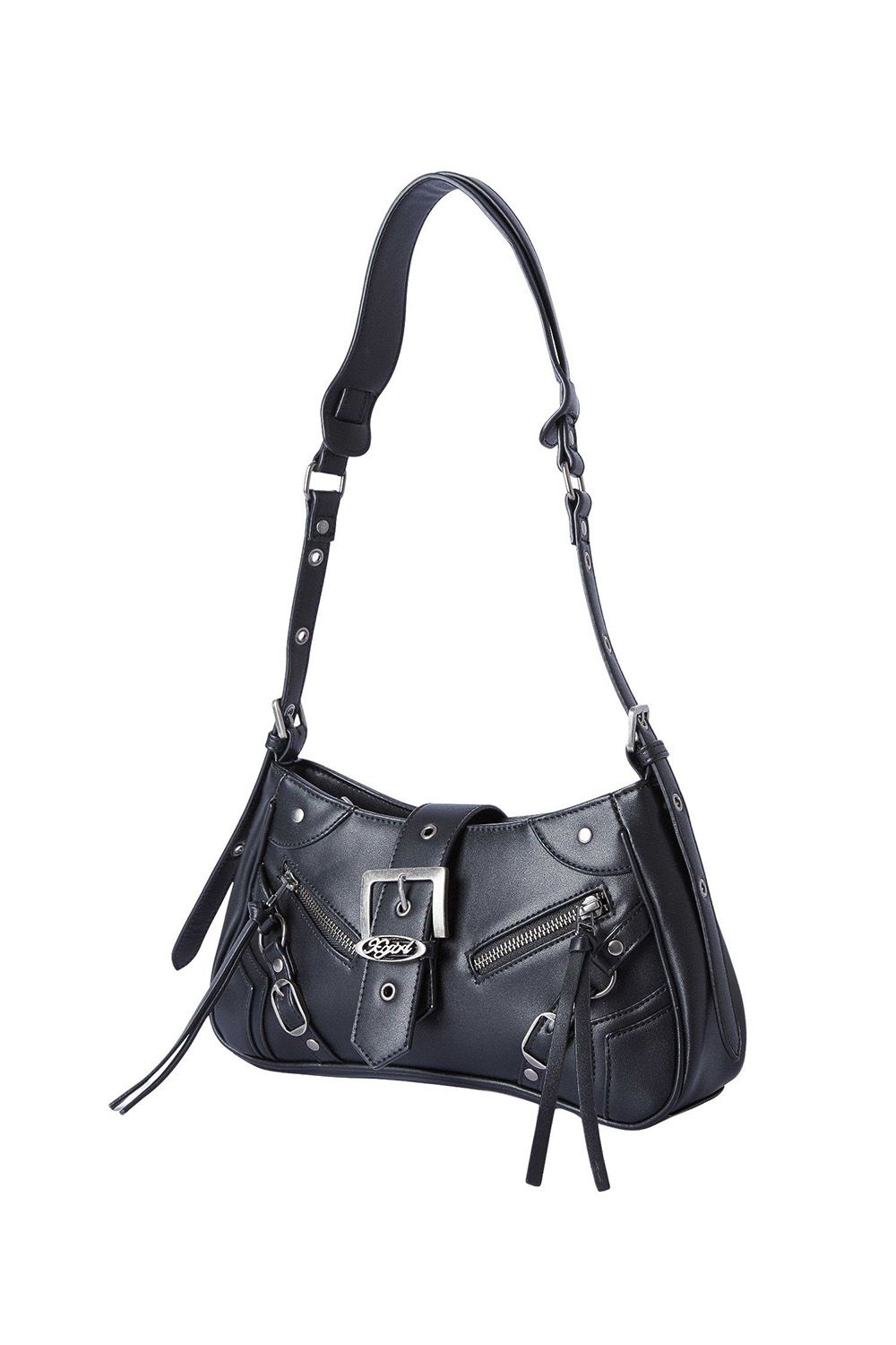 ZIP AND BELT FAUX LEATHER BAG / ブラック