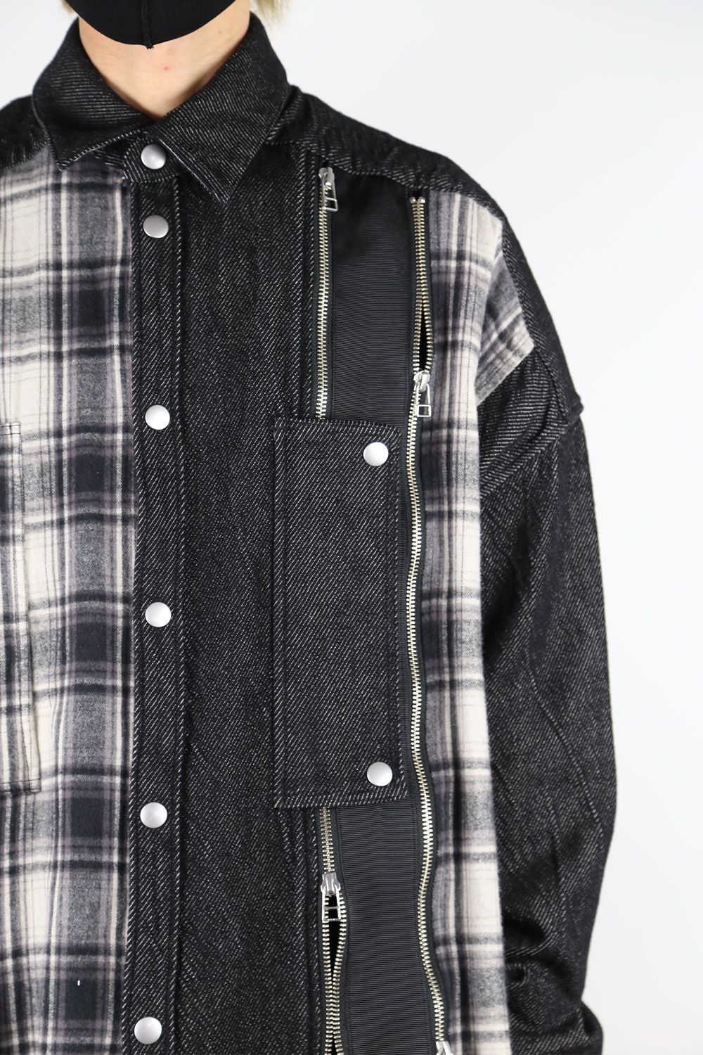 フロントジップアシンメトリーチェックコンビコクーンシャツ / FRONT ZIP ASYMMETRY CHECK COMBI COCOON  SHIRTS / ブラックチェック