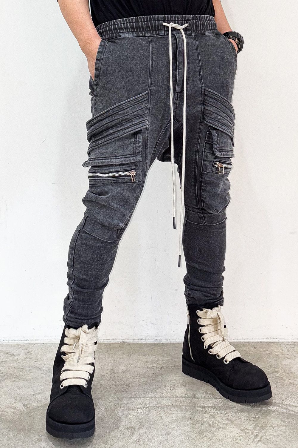 サルエルカーゴスキニーデニム / Indigo Denim Cargo Sarouel Skinny / ダメージブラック / ag-6036-2
