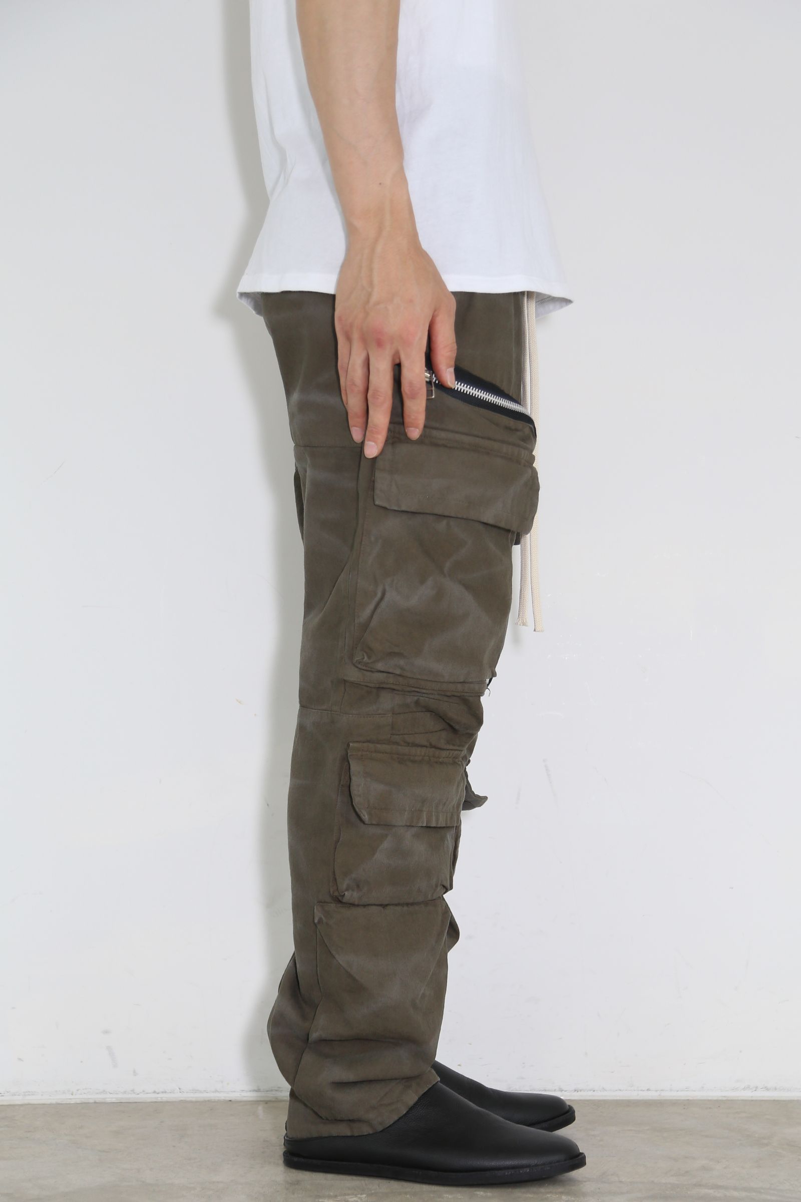 ヴィンテージ染めジップカーゴパンツ / Vintage Dyed Zip Long Pants / カーキ / ag-7036-1