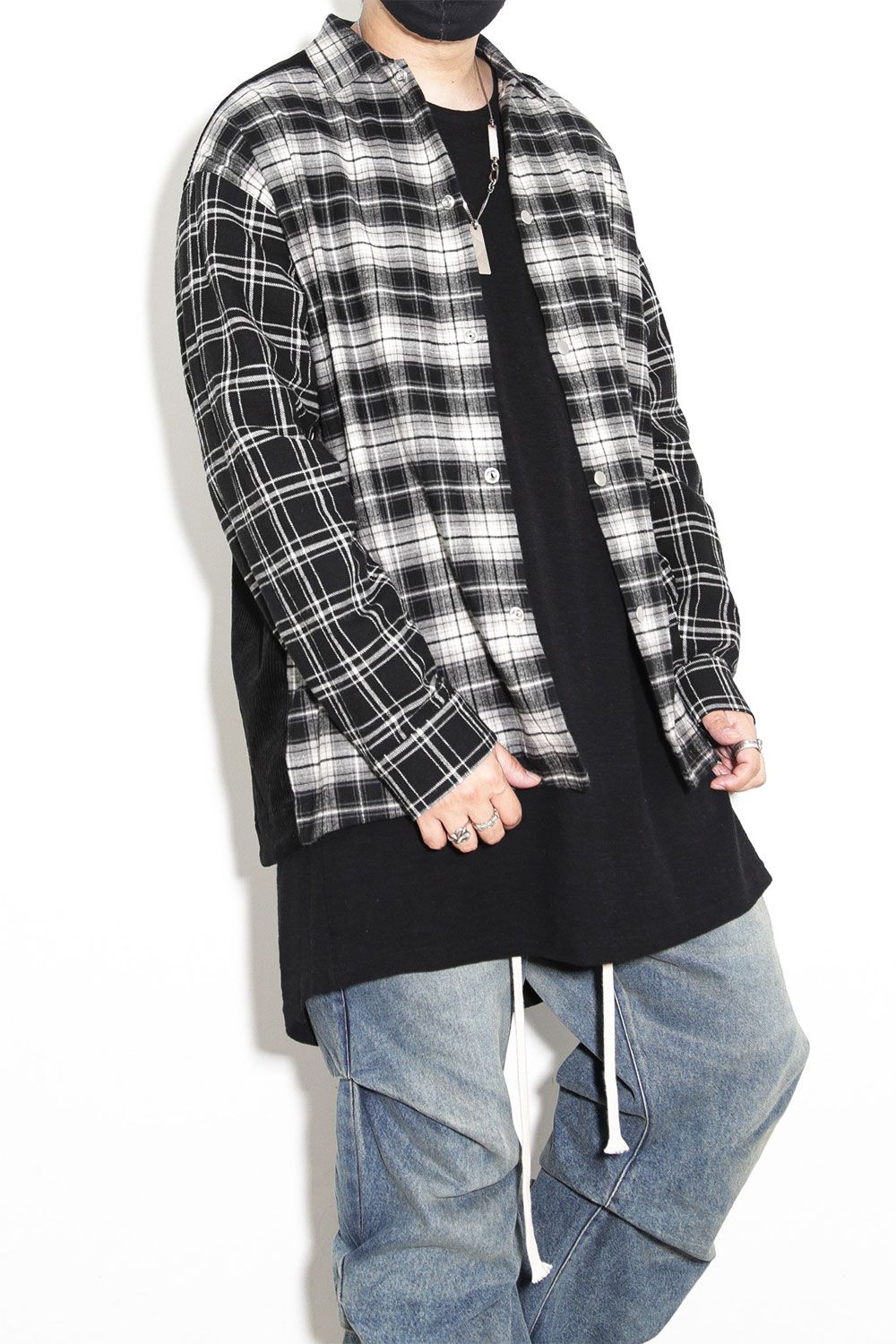 コーデュロイチェックコンビシャツ / Corduroy × Check Combi Shirts / ブラック / ag-8075