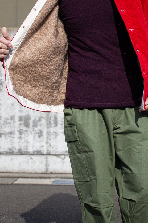 真っ赤なコール天ジャケットを使ったコーデ『傳tutaee + RYU + COTTON PAN + roundabout』