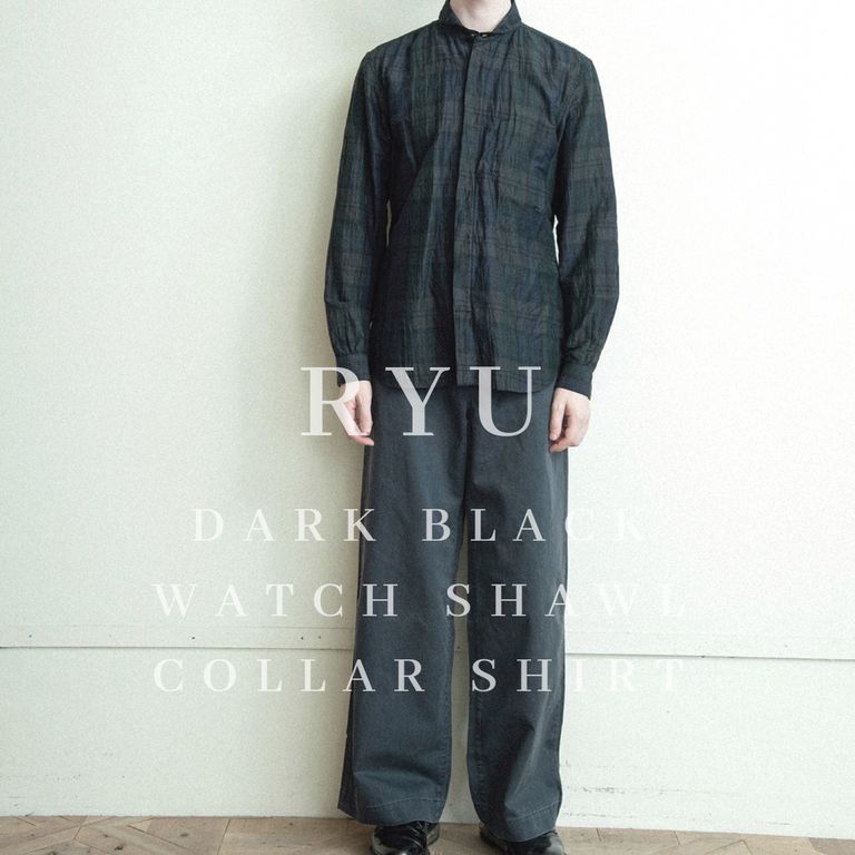うっすらチェックがいい感じ【RYU  : dark black watch shawl collar shirt】