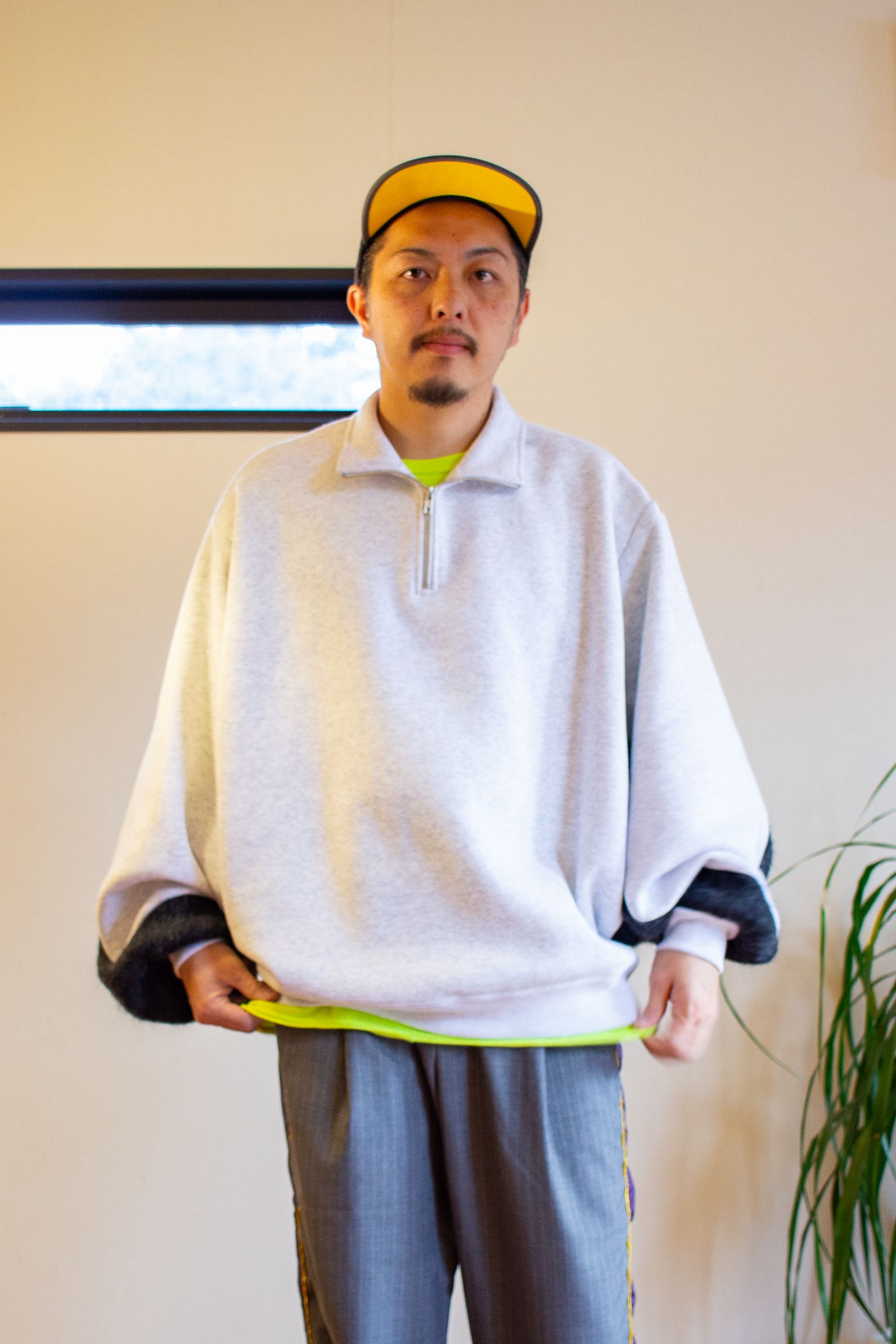 FAT Sleeve half-zip jacket / ファットスリーブハーフジップジャケット(裏起毛スウェット) - シャギーニットチャコール