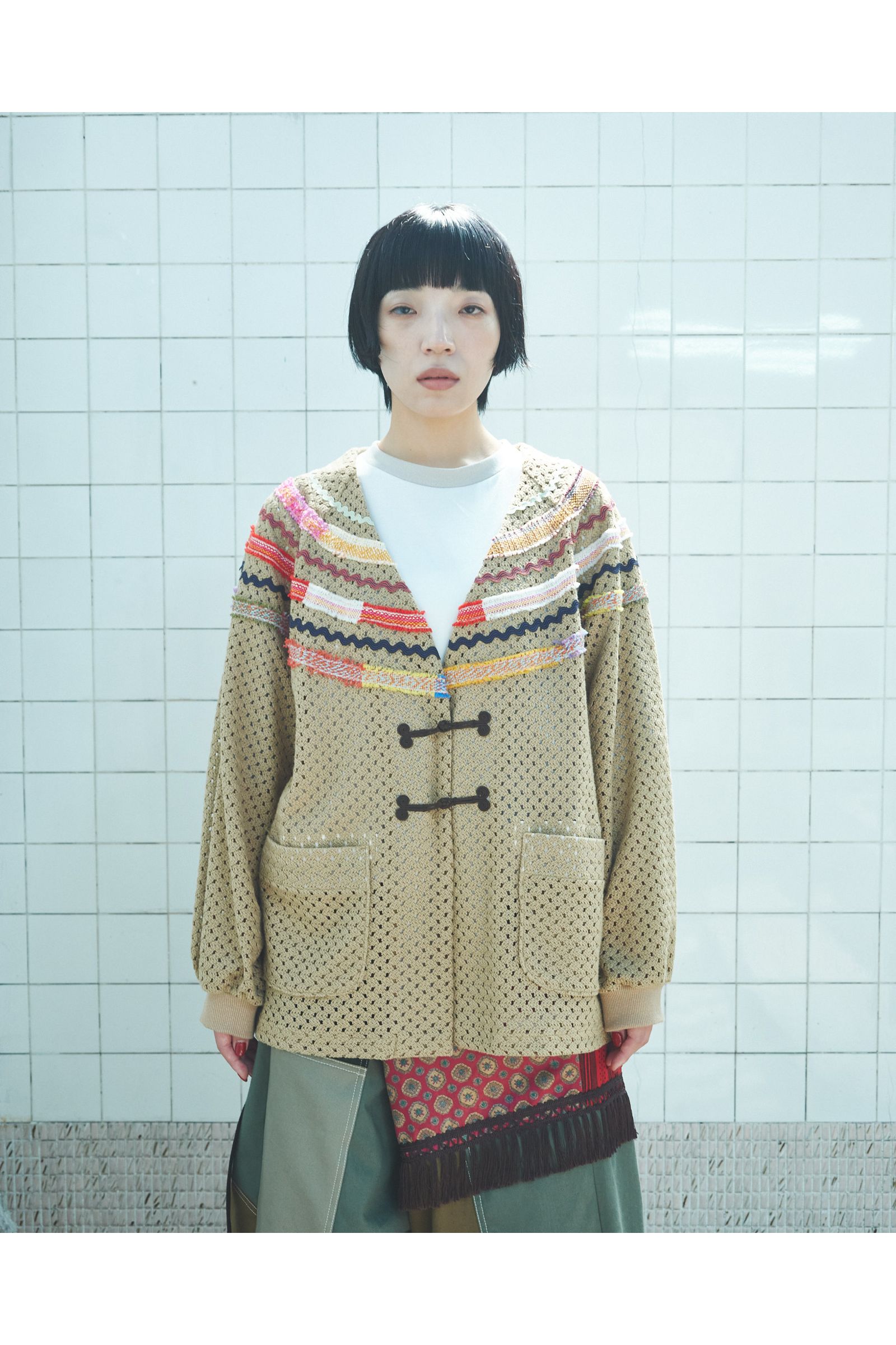 WOVEN-CARDIGAN / ウーブンカーディガン : メッシュカーディガン - BEIGE
