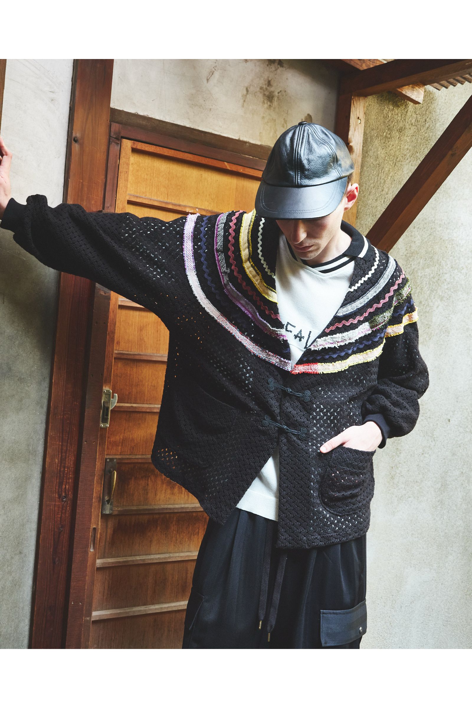 WOVEN-CARDIGAN / ウーブンカーディガン : メッシュカーディガン - BLACK