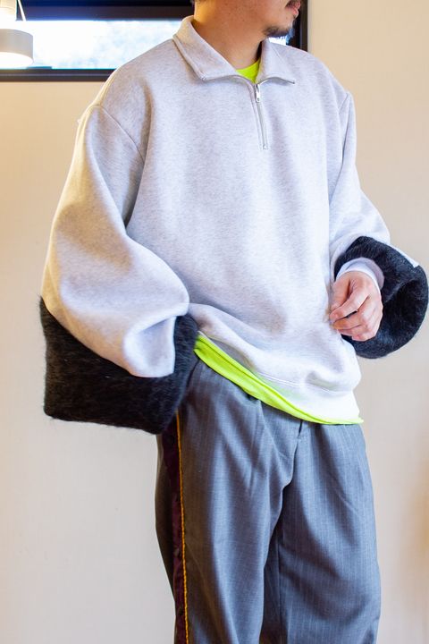 FAT Sleeve half-zip jacket / ファットスリーブハーフジップジャケット(裏起毛スウェット) - シャギーニットチャコール