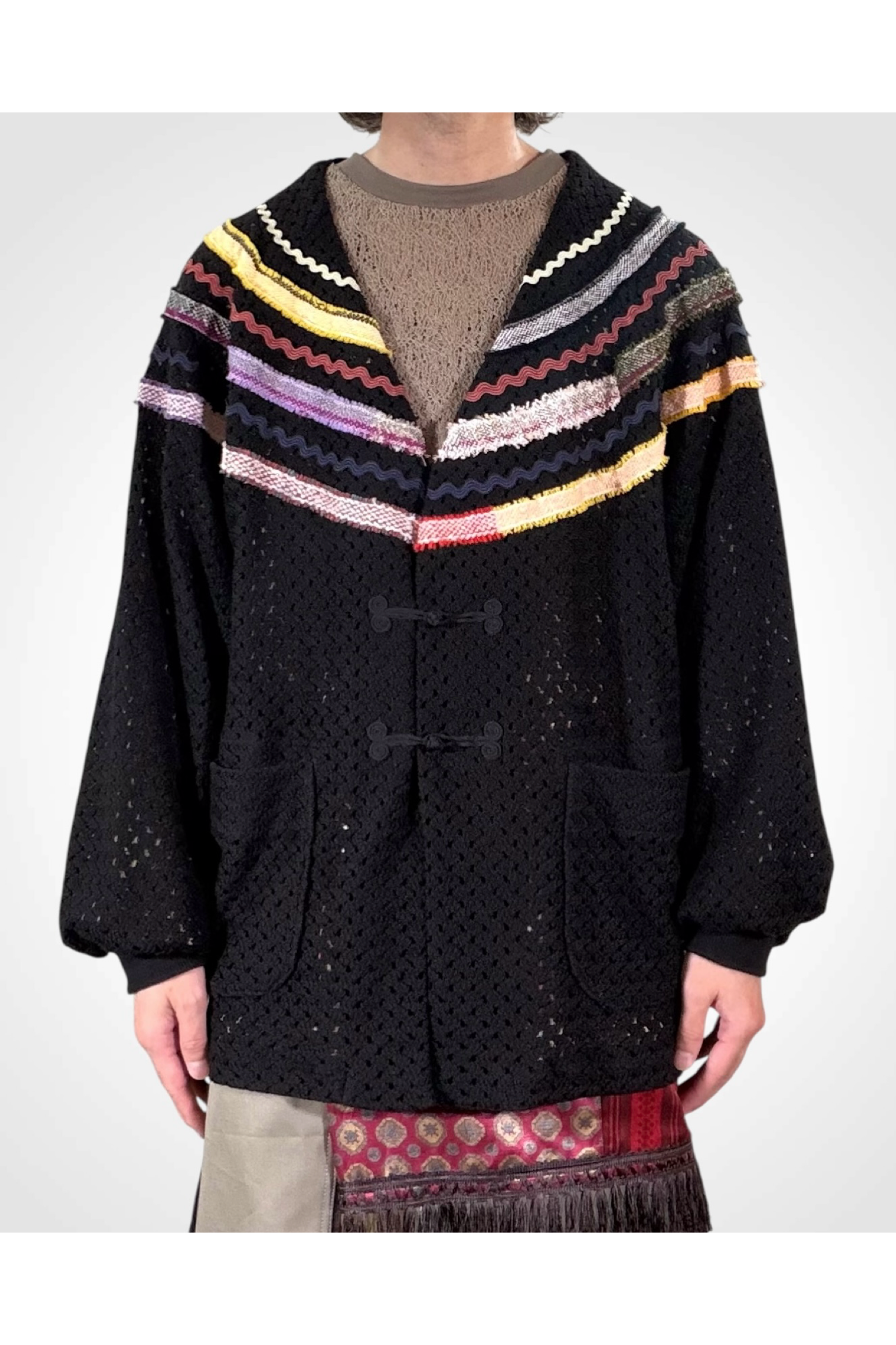WOVEN-CARDIGAN / ウーブンカーディガン : メッシュカーディガン - BLACK