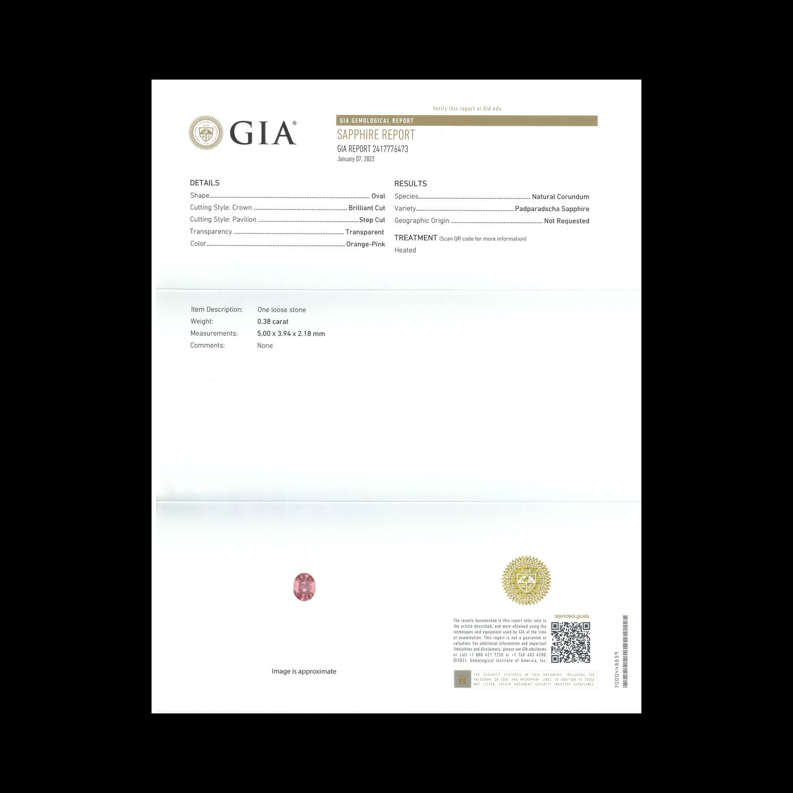 パパラチャサファイア(宝石名サファイア/別名パパラチャ・サファイア)スリランカ産 0.38ct GIA鑑付[231224694]5x3.9mm前後