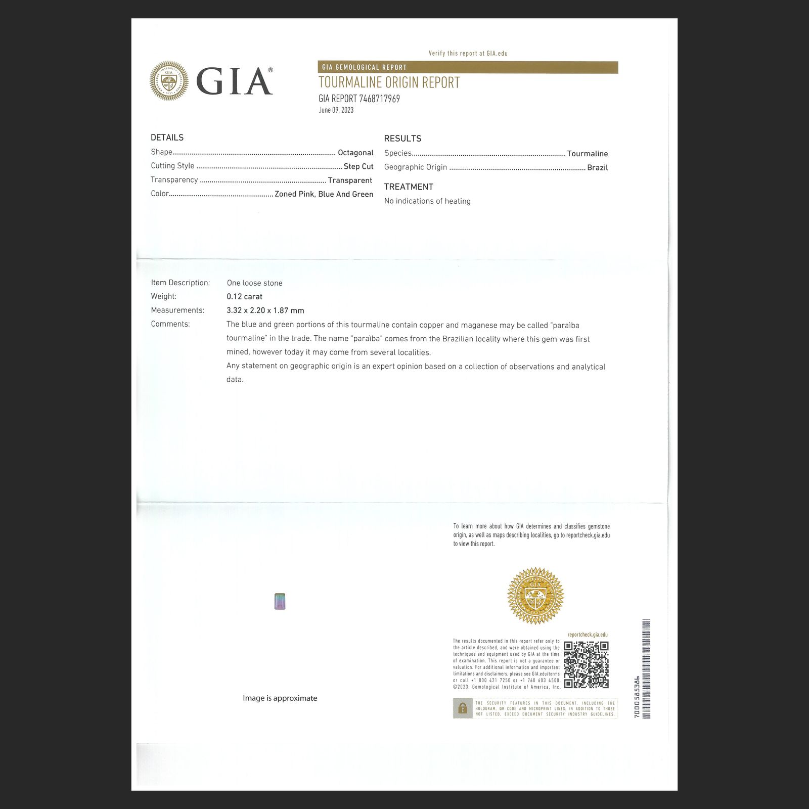 パーティカラーパライバトルマリン 非加熱(宝石名トルマリン/別名パライバ・トルマリン)ブラジル産 GIA鑑付 0.12ct / 3.32x2.2mm前後 [251031287]