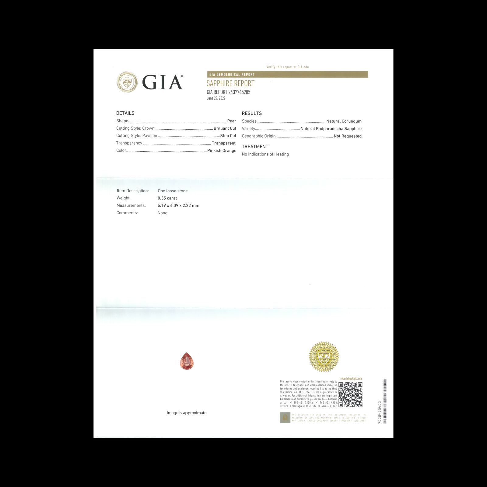 パパラチャサファイア非加熱(宝石名サファイア/別名パパラチャ・サファイア)スリランカ産 0.35ct GIA鑑付[231224696]5.1x4mm前後