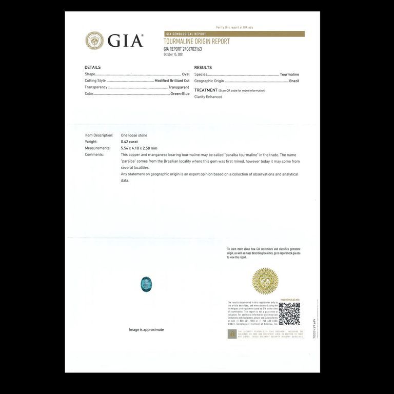 パライバトルマリン(宝石名トルマリン/別名パライバ・トルマリン)ブラジル産 0.42ct GIA鑑付[211113714]5.56x4.1mm前後
