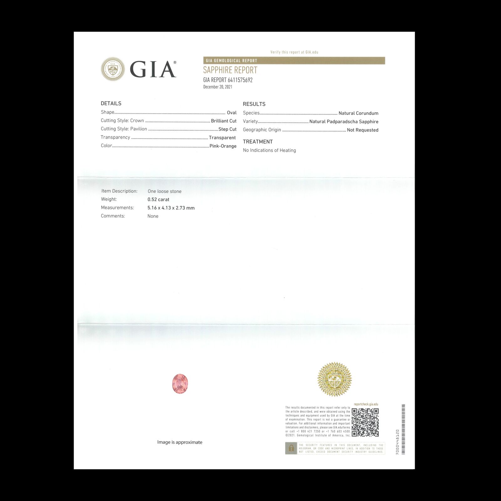 パパラチャサファイア 非加熱(宝石名サファイア/別名パパラチャ・サファイア)スリランカ/マダガスカル産 GIA鑑付 0.52ct / 5.16x4.13mm前後 [260131617]