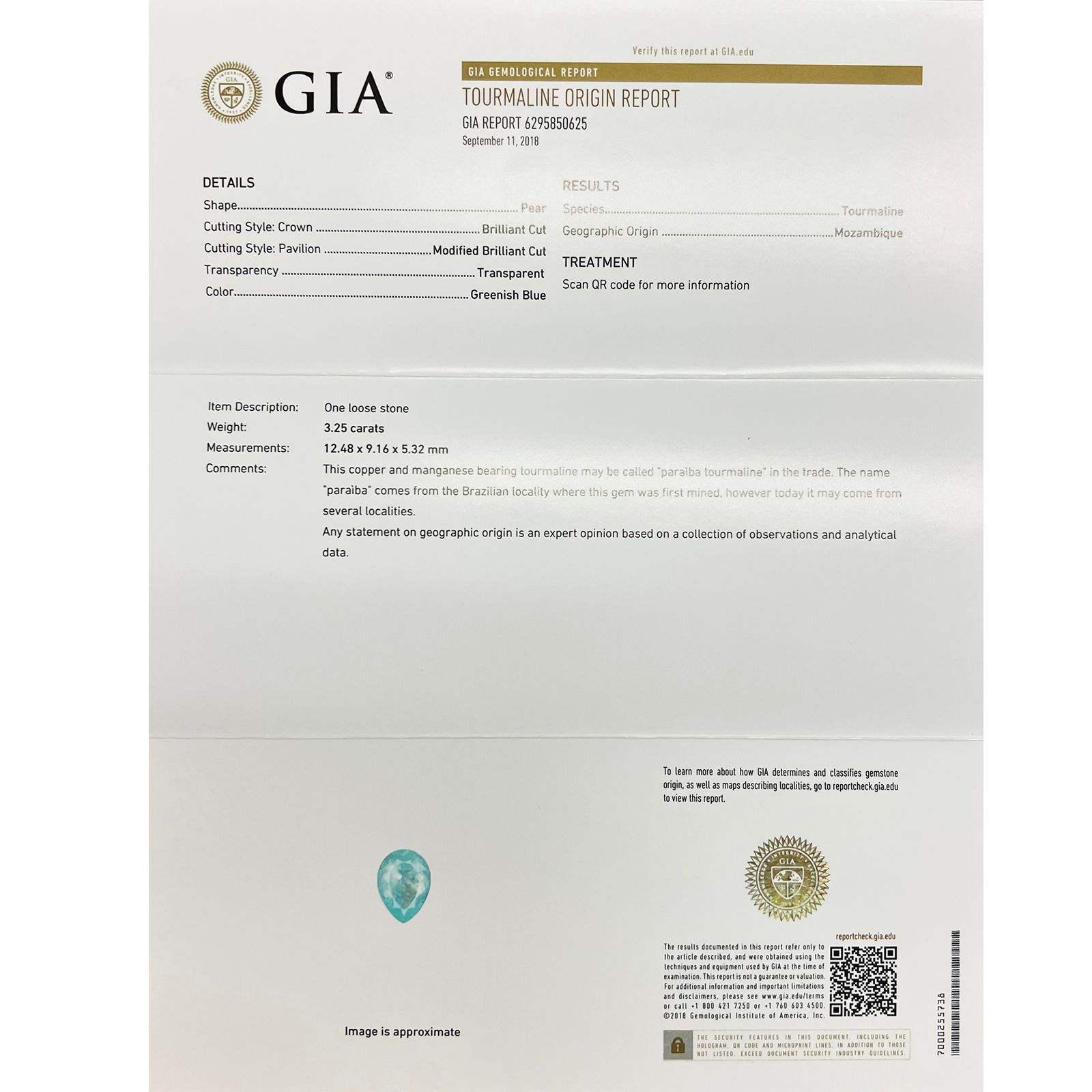 パライバトルマリン(宝石名トルマリン/別名パライバ・トルマリン) モザンビーク産 3.25ct GIA鑑付[19110916]12.4×9.1mm前後