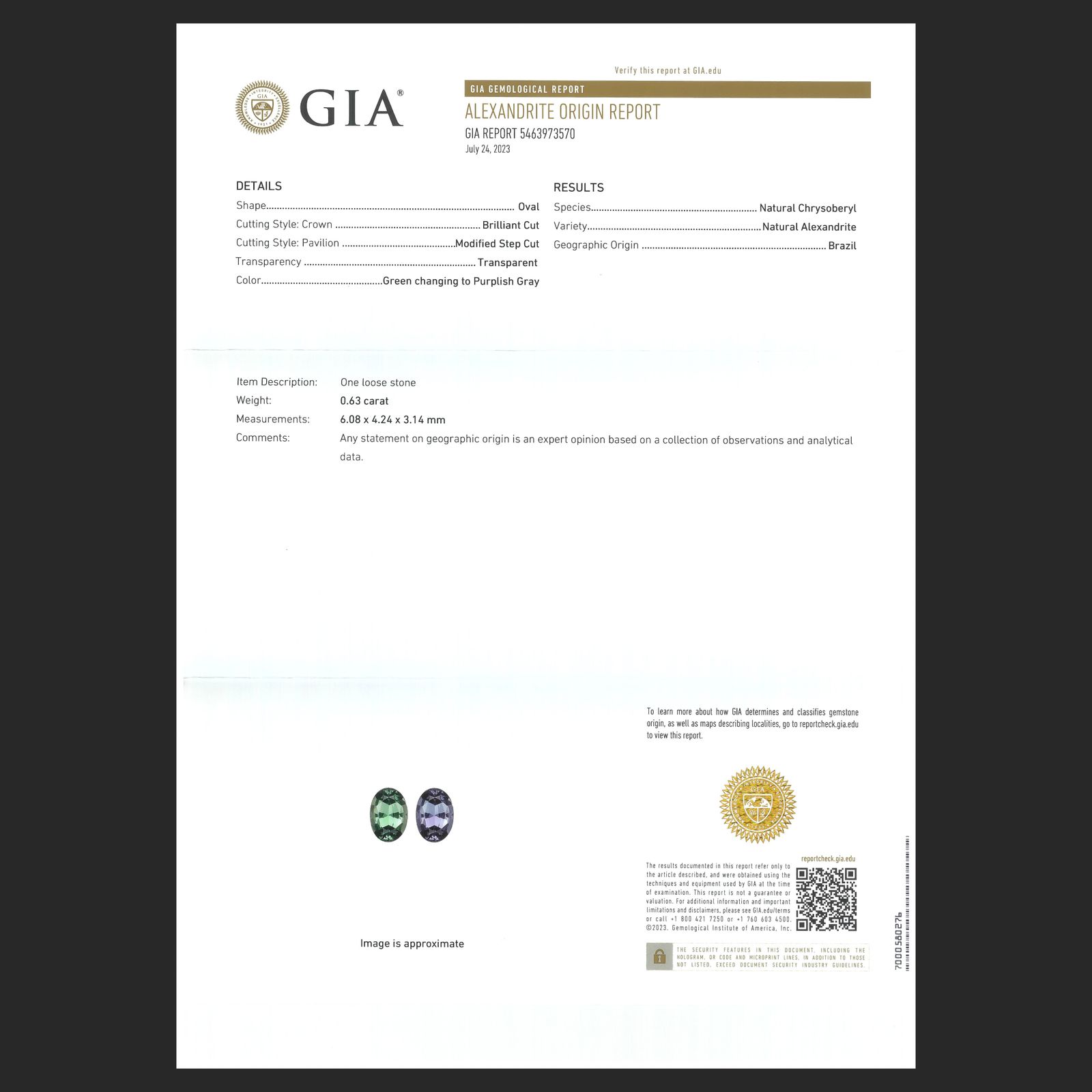 アレキサンドライト(宝石名アレキサンドライト)ブラジル産 GIA鑑付 0.63ct / 6.08x4.24mm前後 [251031288]