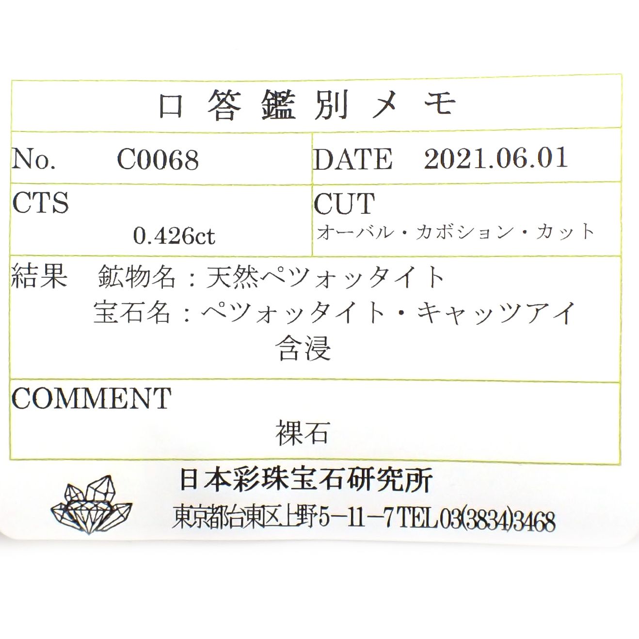 ペツォッタイトキャッツアイ(ラズベリル)(宝石名ペツォッタイト・キャッツアイ) マダガスカル産 0.426ct ソ付(彩珠)[210811978]5×3.7mm前後
