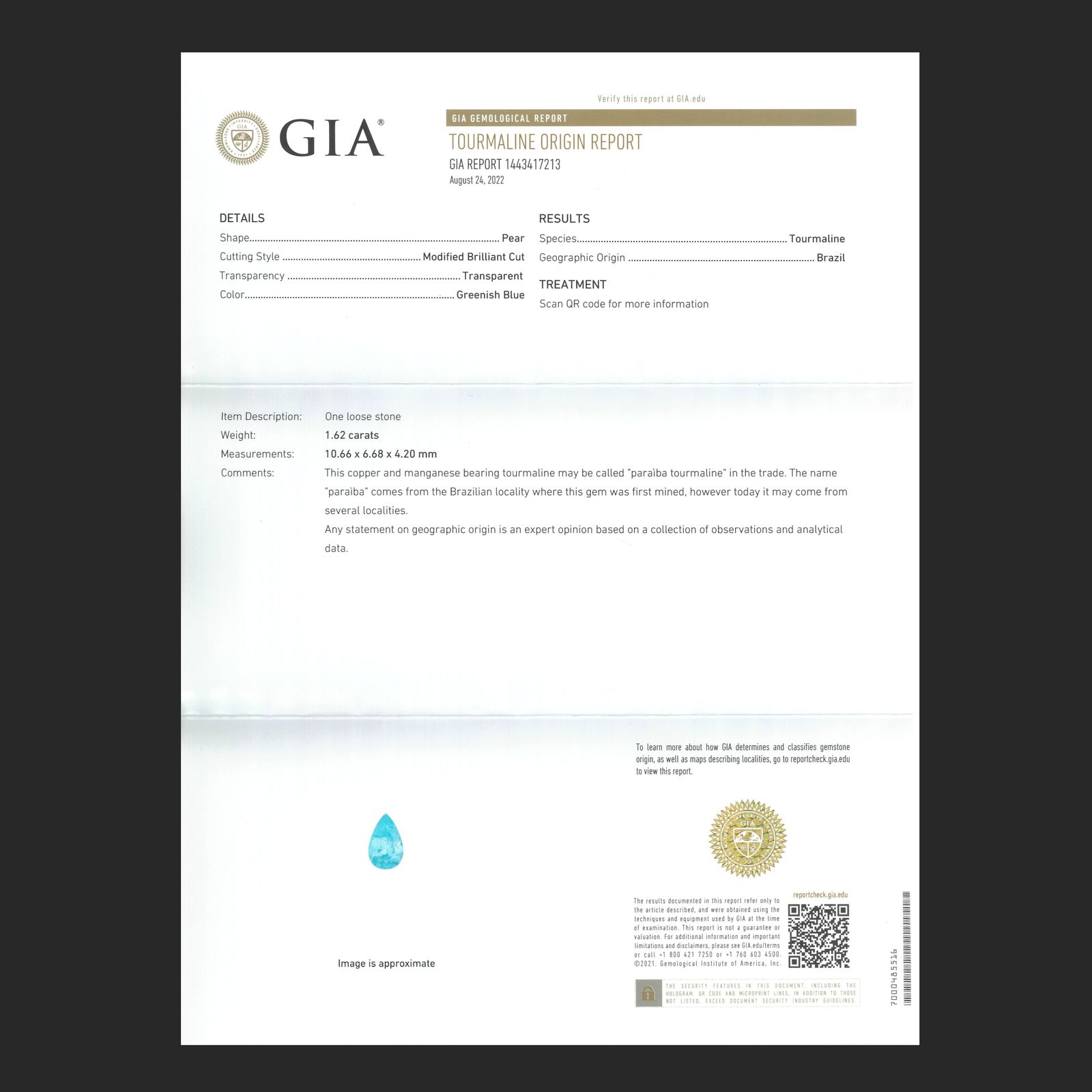 パライバトルマリン(宝石名トルマリン/別名パライバ・トルマリン)ブラジル産 GIA鑑付 1.62ct / 10.66x6.68mm前後 [251031347]