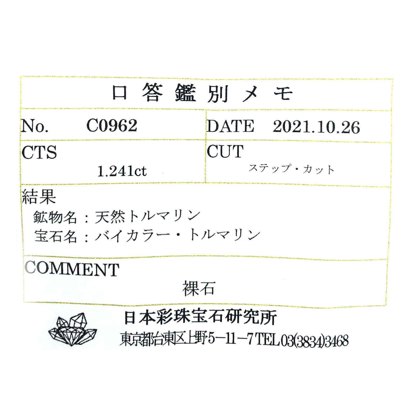 バイカラートルマリン(宝石名バイカラー・トルマリン)ブラジル産 1.241ct ソ付(彩珠)[230622373]7.8x4.6mm前後