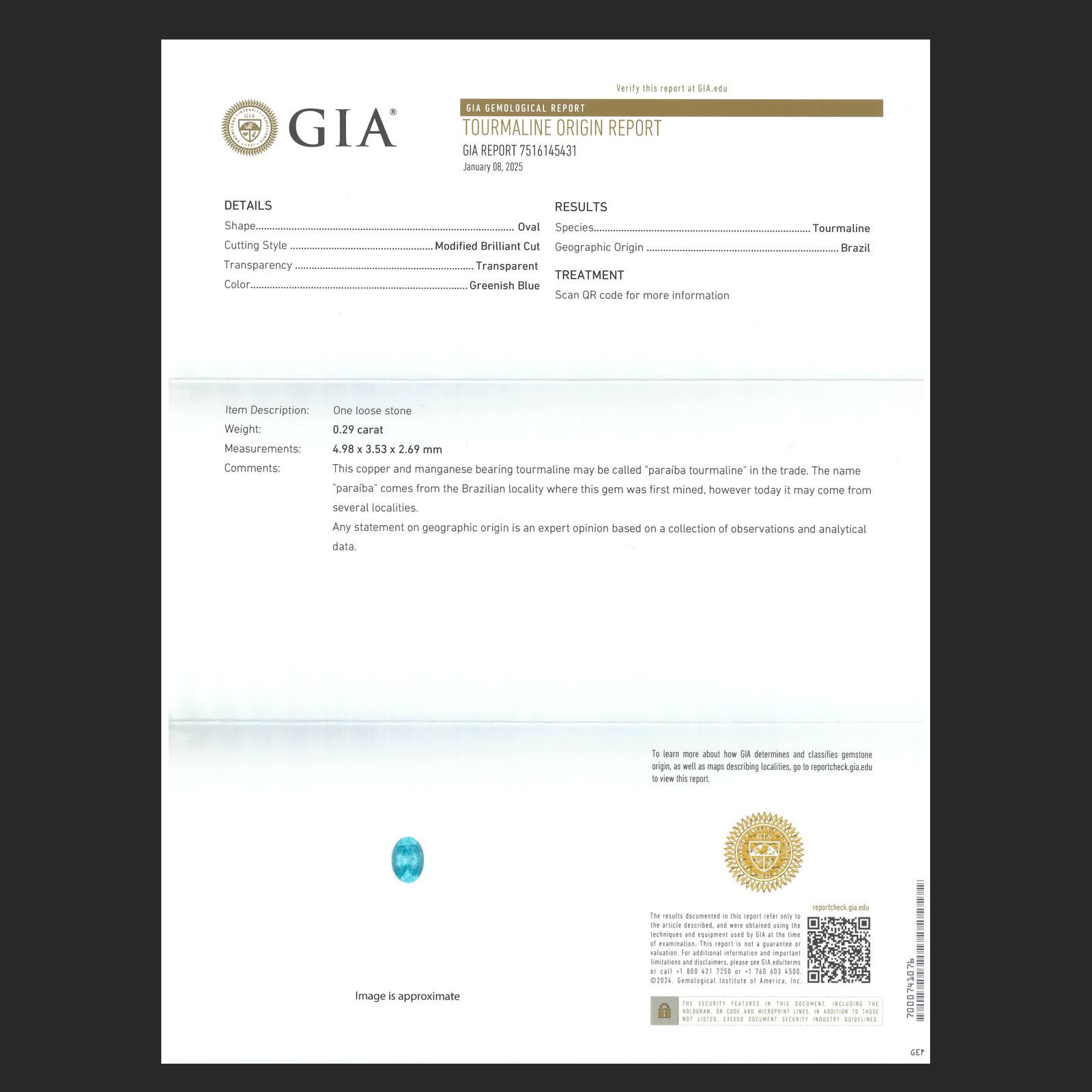 パライバトルマリン(宝石名トルマリン/別名パライバ・トルマリン)ブラジル・キントス鉱山産 GIA鑑付 0.29ct / 4.98x3.53mm前後 [251031353]