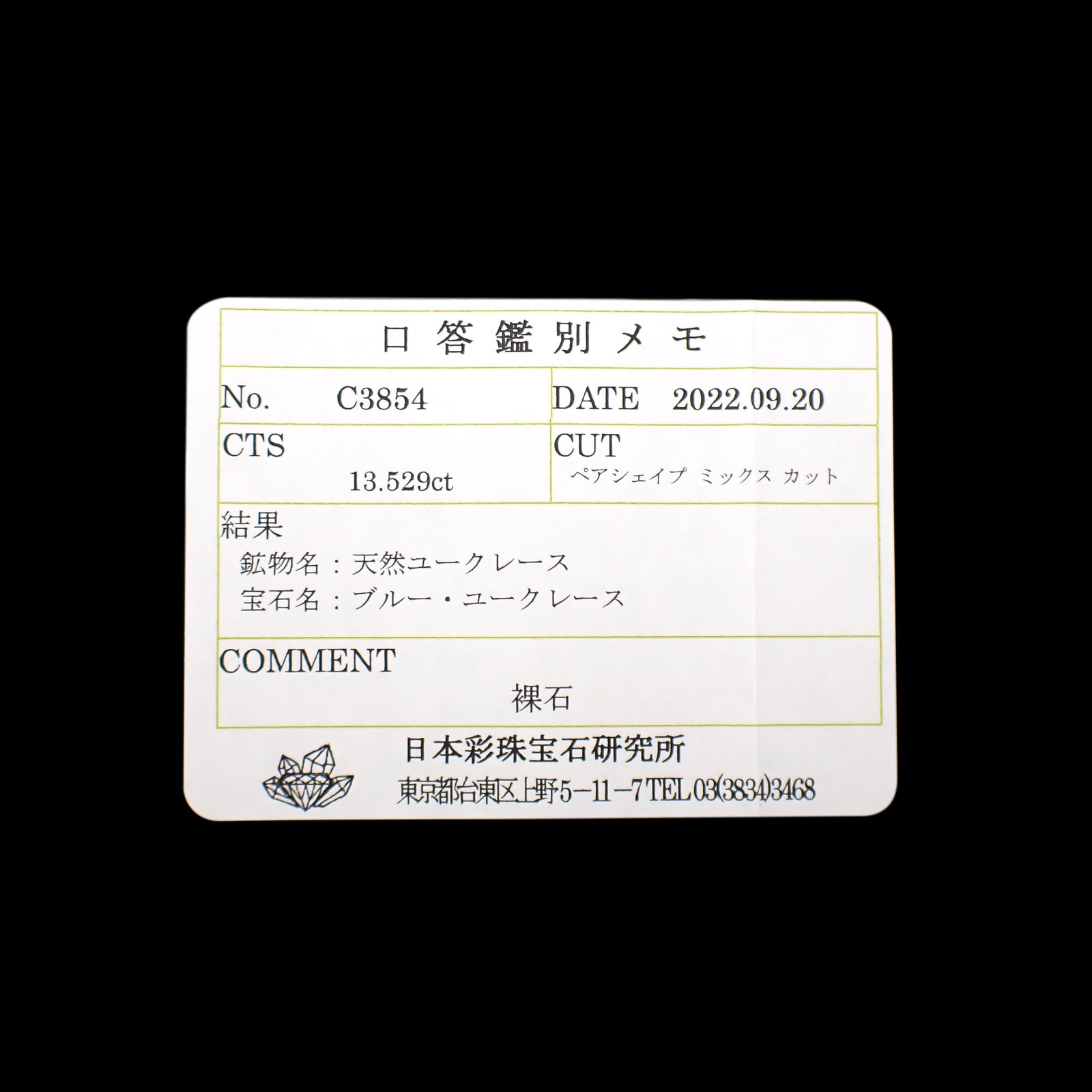 ユークレース(宝石名ブルー・ユークレース)コロンビア産 13.529ct ソ付(彩珠)[240628193]17.5x12.9mm前後