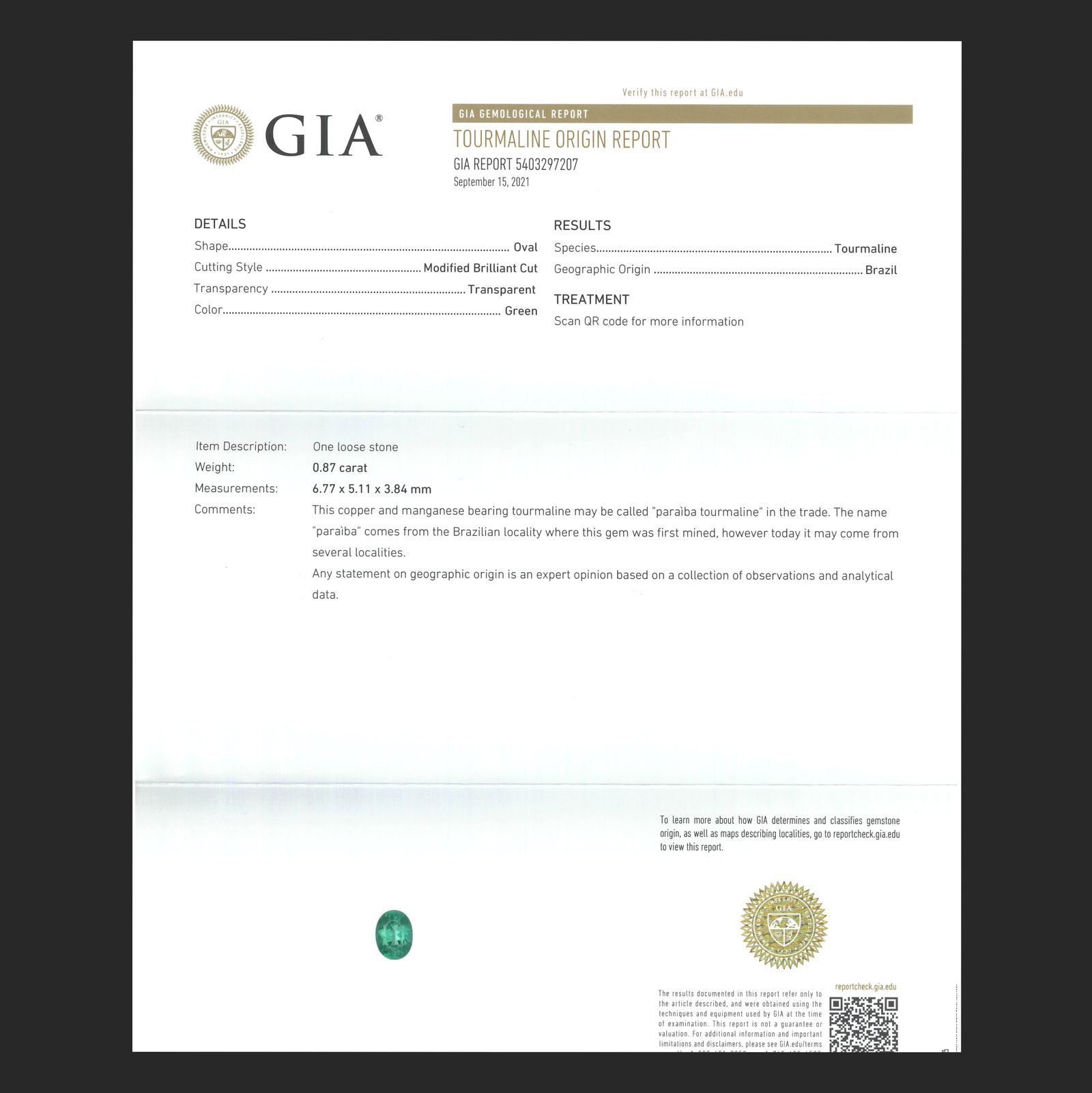 パライバトルマリン(宝石名トルマリン/別名パライバ・トルマリン)ブラジル産 GIA鑑付 0.87ct / 6.77x5.11mm前後 [251031348]