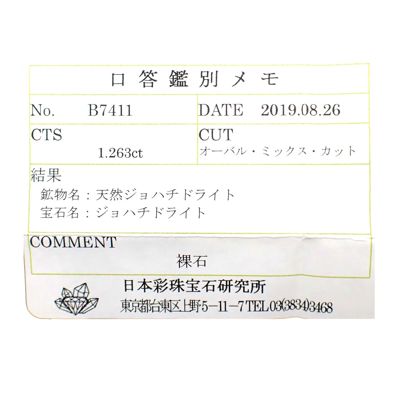 ジョハチドーライト(宝石名ジョハチドライト)ビルマ産 1.263ct ソ付(彩珠)[231023771]7.7x5.5mm前後