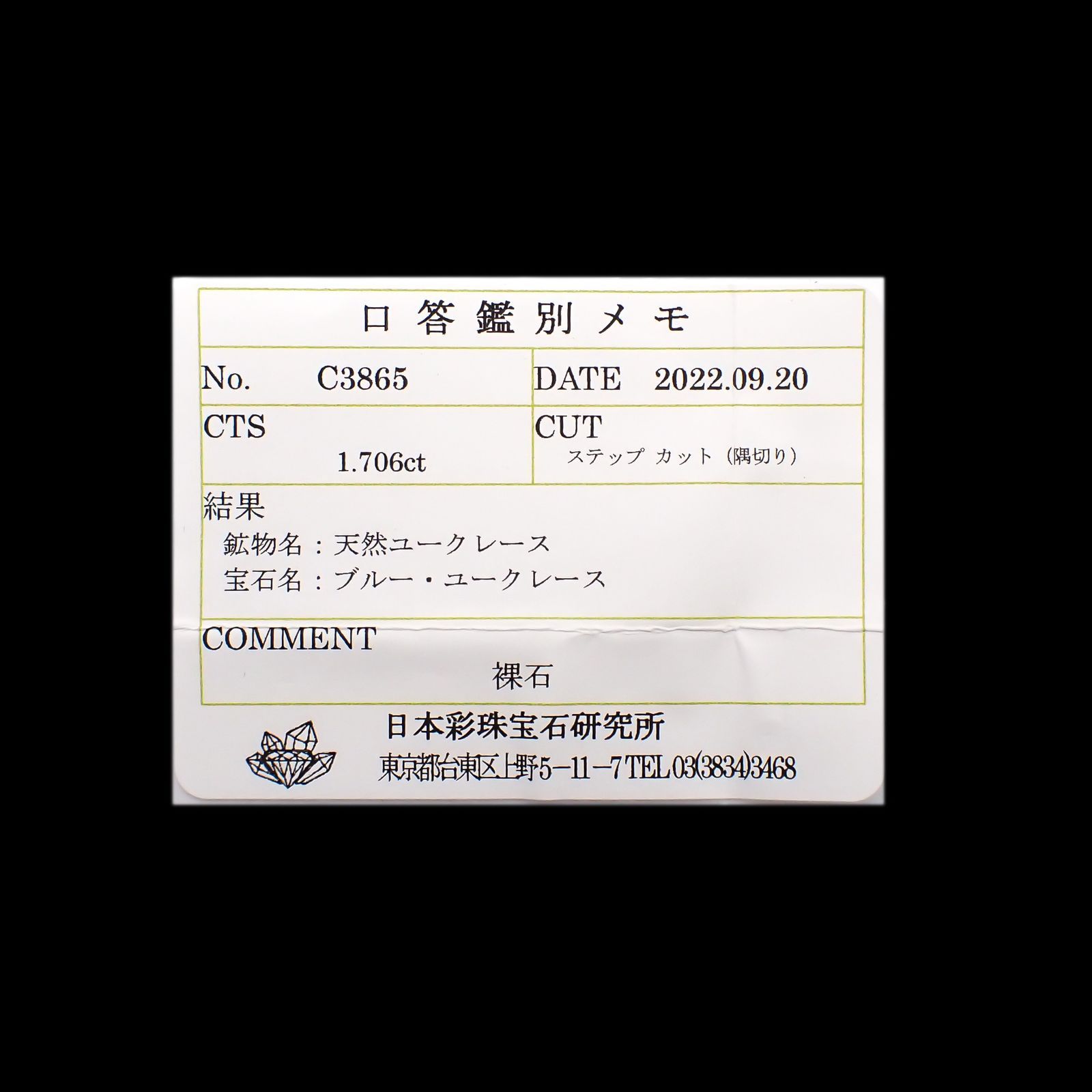 ユークレース(宝石名ブルー・ユークレース)コロンビア産 1.706ct ソ付(彩珠)[221018856]8.8x6.1mm前後
