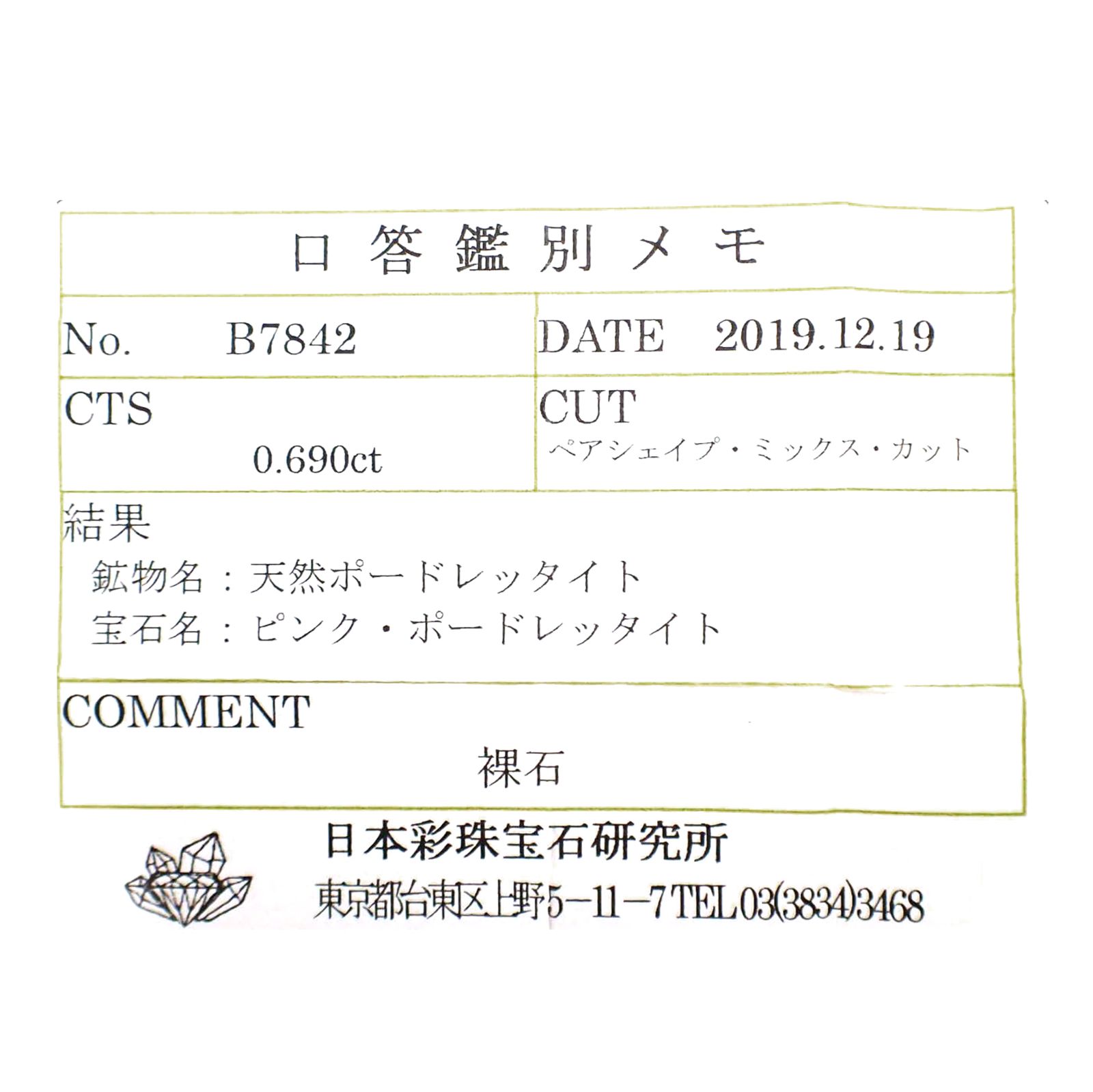 ピンクポードレッタイト(宝石名ピンク・ポードレッタイト)ビルマ産 ソ付(彩珠) 0.690ct / 7.3x5.1mm前後 [260722813]