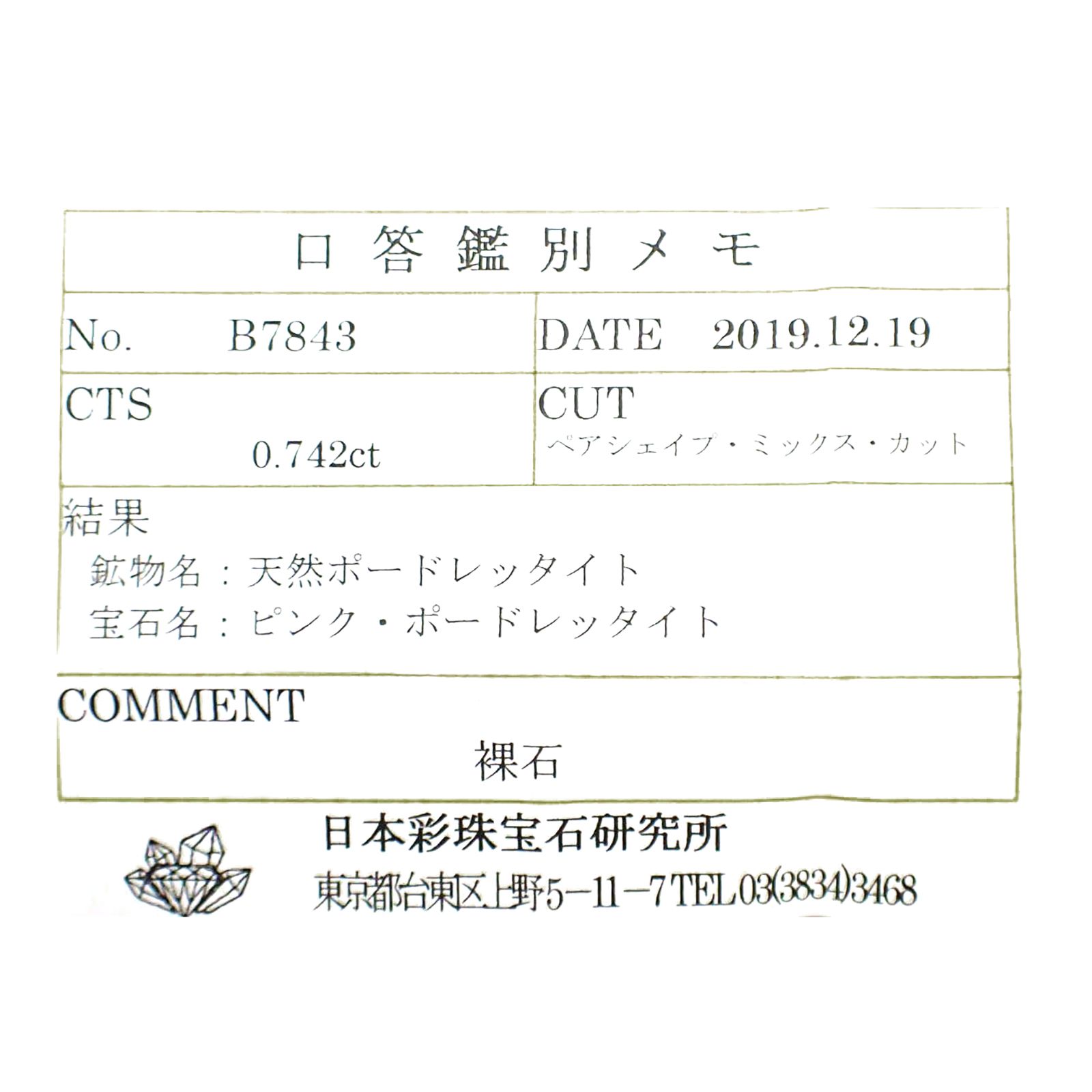 ピンクポードレッタイト(宝石名ピンク・ポードレッタイト)ビルマ産 ソ付(彩珠) 0.742ct / 7.4x5.9mm前後 [260722815]