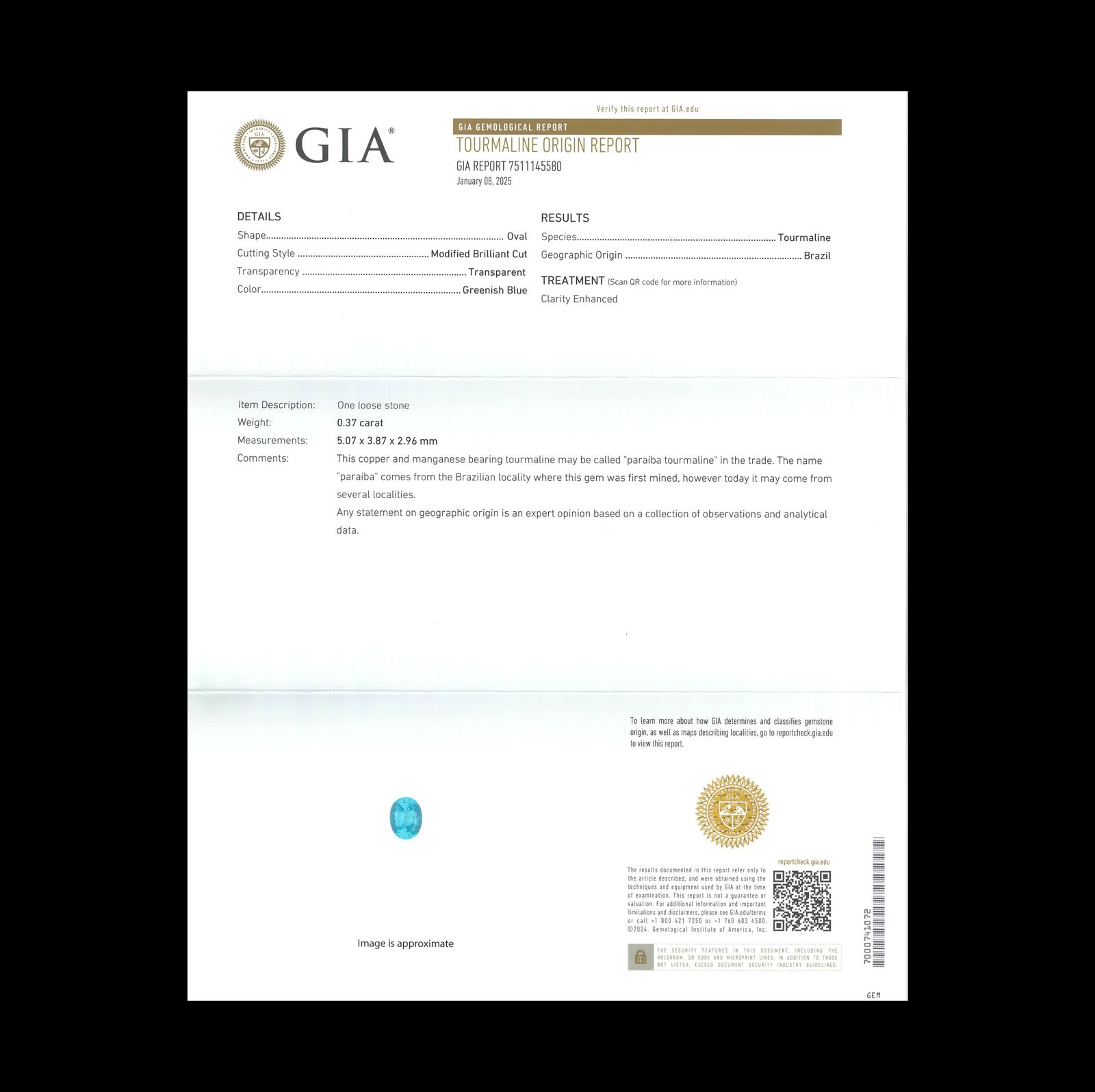 パライバトルマリン(宝石名宝石名トルマリン/別名パライバ・トルマリン)ブラジル・キントス鉱山産 GIA鑑付 0.37ct / 5.07x3.87mm前後 [260331939]