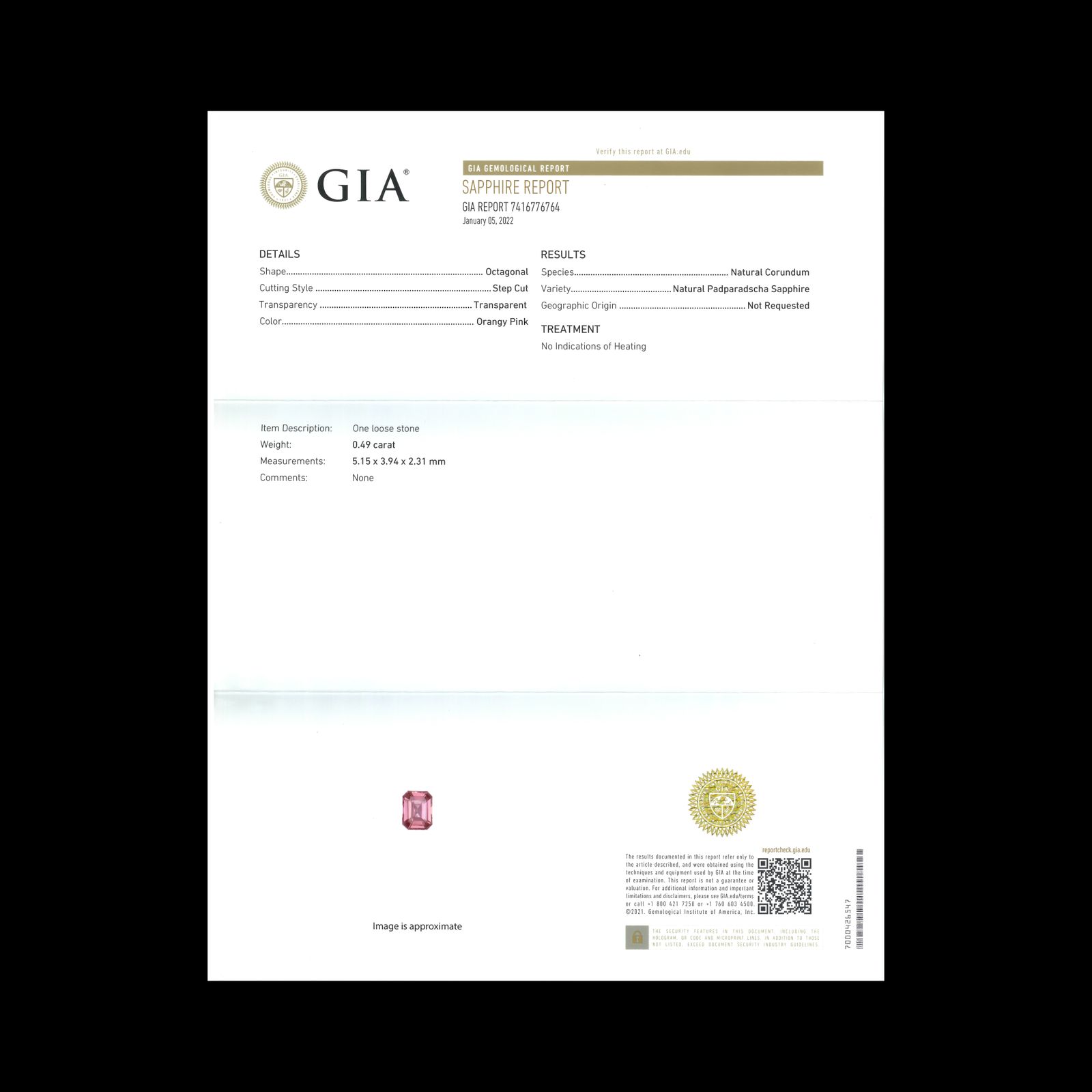 パパラチャサファイア非加熱(宝石名サファイア/別名パパラチャ・サファイア)スリランカ産 0.49ct GIA鑑付[231224697]5.1x3.9mm前後