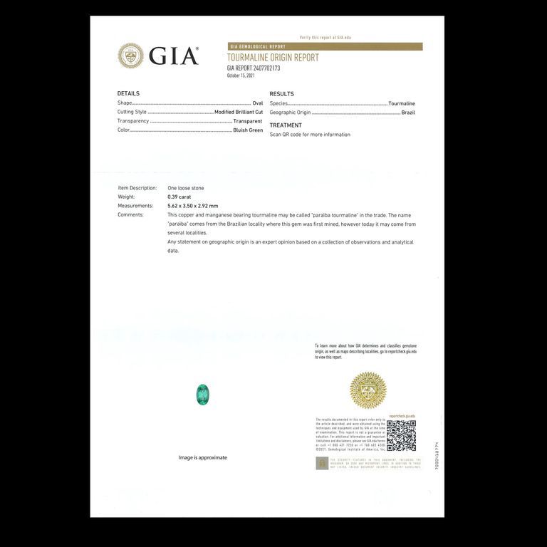パライバトルマリン(宝石名トルマリン/別名パライバ・トルマリン)ブラジル・バターリャ鉱山産 0.39ct GIA鑑付[211113717]5.62x3.5mm前後