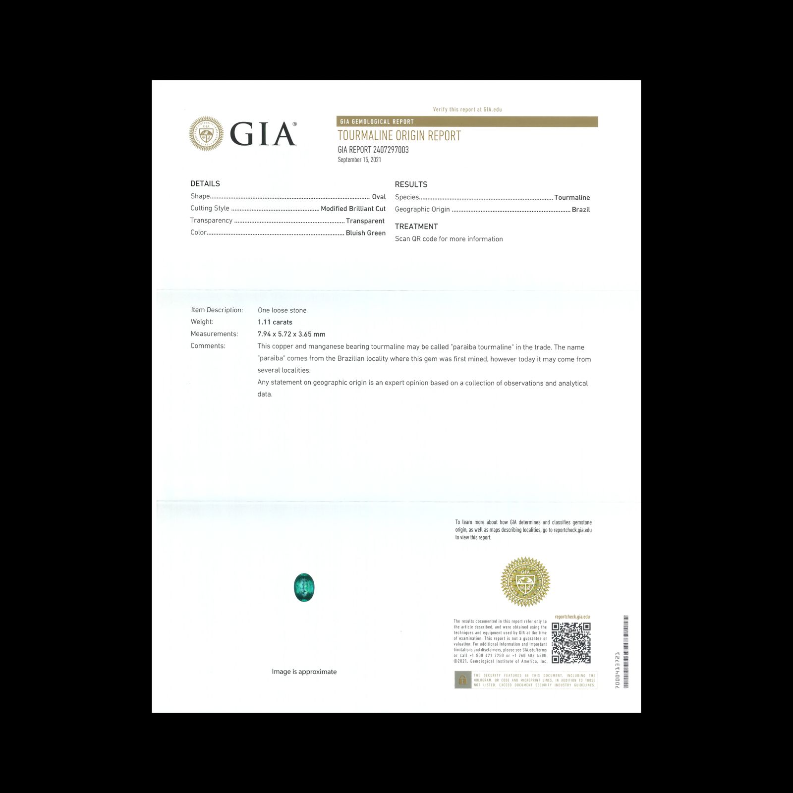 パライバトルマリン(宝石名トルマリン/別名パライバ・トルマリン)ブラジル産 1.11ct GIA鑑付[231224820]7.94x5.72mm前後